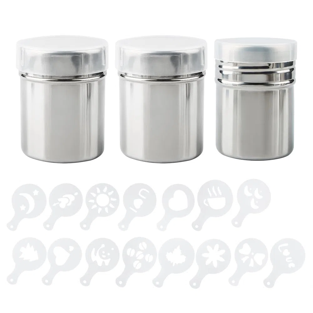3 paquetes Acero inoxidable Sacudidor de polvo con 16 piezas Plantillas de moldes de impresión, Latas de polvo con malla para el café Capuchino Latté