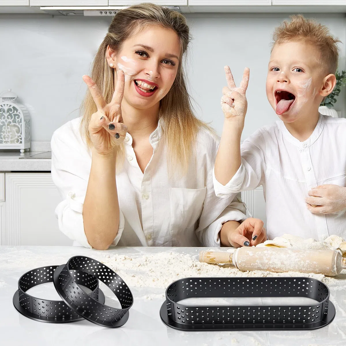 10 Piezas Aros Perforados Tartaletas, Aros para Tartaletas Redondos y Ovalados con Orificios de Ventilación, Moldes de Mousse Perforados, para tartas de frutas, quiches, mousse, kuChe para hornear