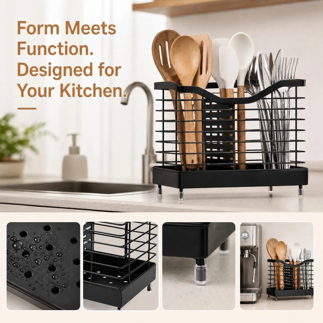 Porta Utensilios de Cocina con Escurridor de 2 Compartimentos, Cesta para Cubiertos de Metal con Drenaje, Soporte Utensilios Cocina Negro para Encimera de Cocina y Uso Diario - 20x19x11cm
