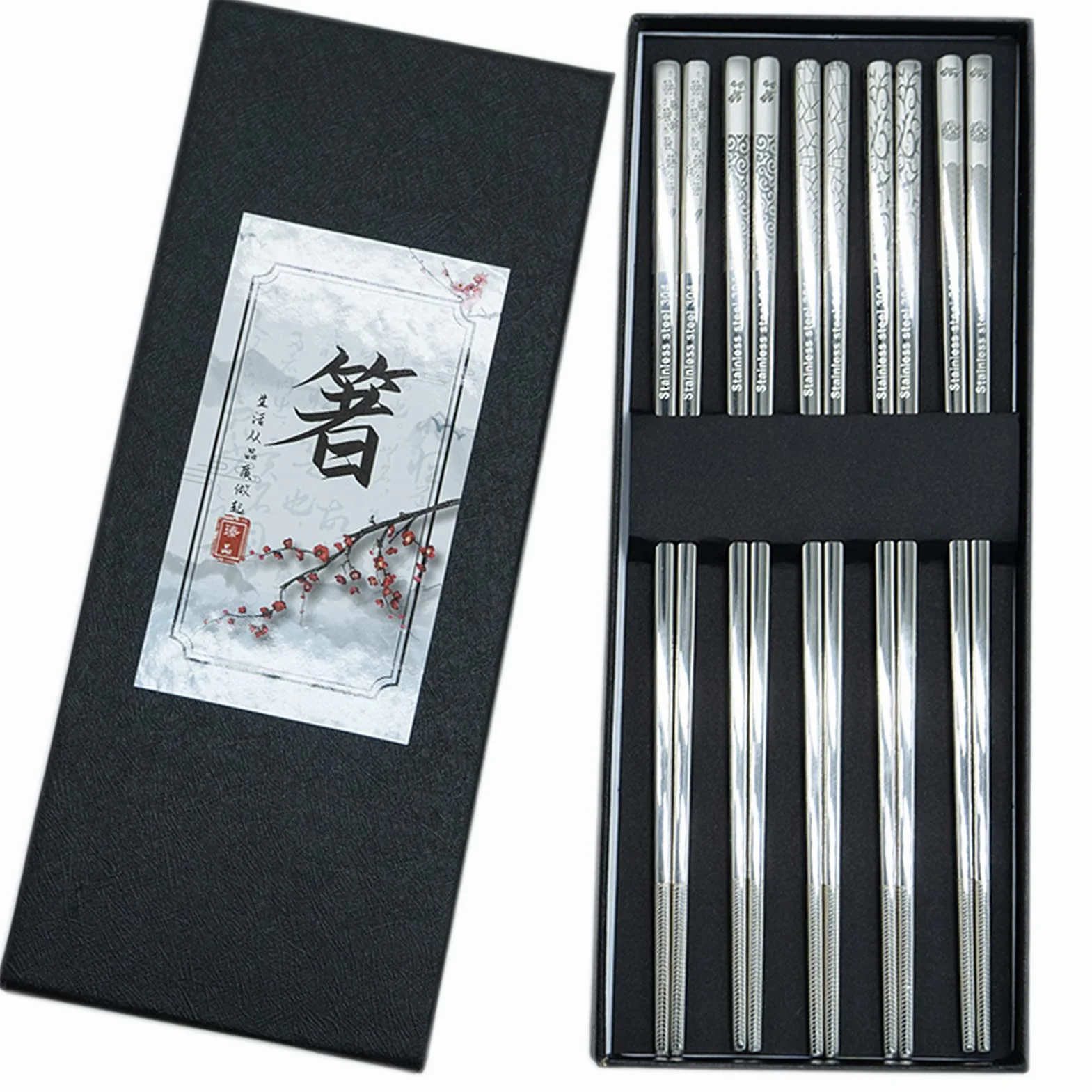 Palillos de acero inoxidable, 5 pares, metal japonés de, reutilizables, sostenedor de palillos de titanio, respetuoso con el medio ambiente, saludable para restaurante (embalaje de regalo)