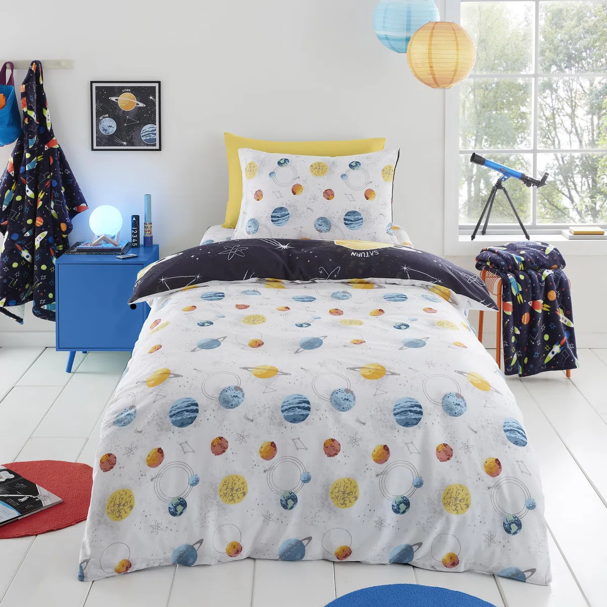 Bedlam - Funda nórdica Que Brilla en la Oscuridad - Tamaño Individual (200 x 140 cm) - Reversible (2 diseños) - Ropa de Cama Galaxy y Planeta para niños - Funda de edredón del Universo del Sistema