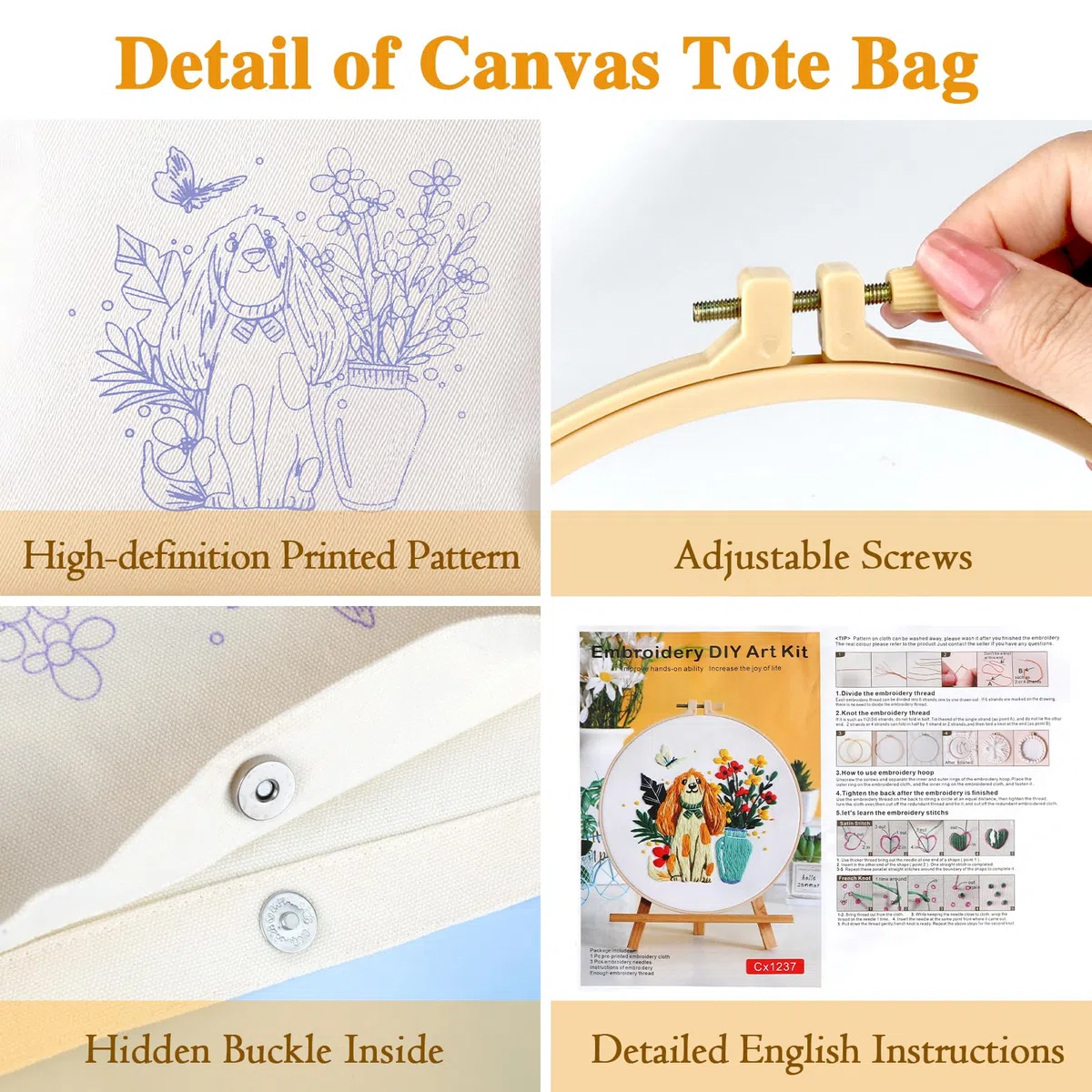 JSRQT Perro Kit de Bordado Bolso de Lona, Kit de Inicio Punto Cruz con Estampado de Flores para Principiantes Adultos, Bordado Hecha a Mano para Amantes Manualidades, con Instrucciones, Aguja e Hilo