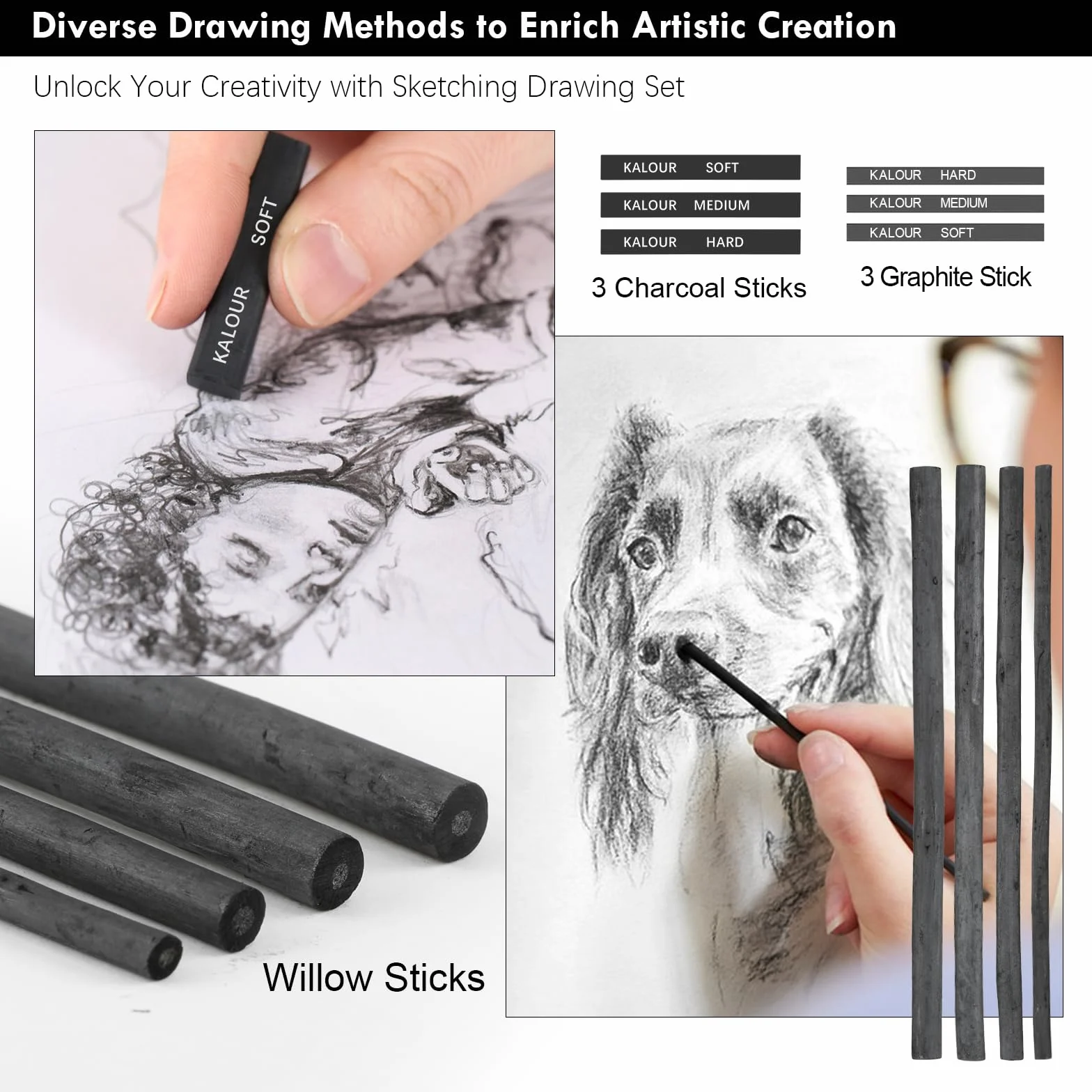 KALOUR PDAS - Juego de 39 lápices de dibujo profesionales (5H-14B), lápices de carboncillo blanco y negro para bocetos, borrador, pincel, carboncillo, lápices de arte para artistas y principiantes.