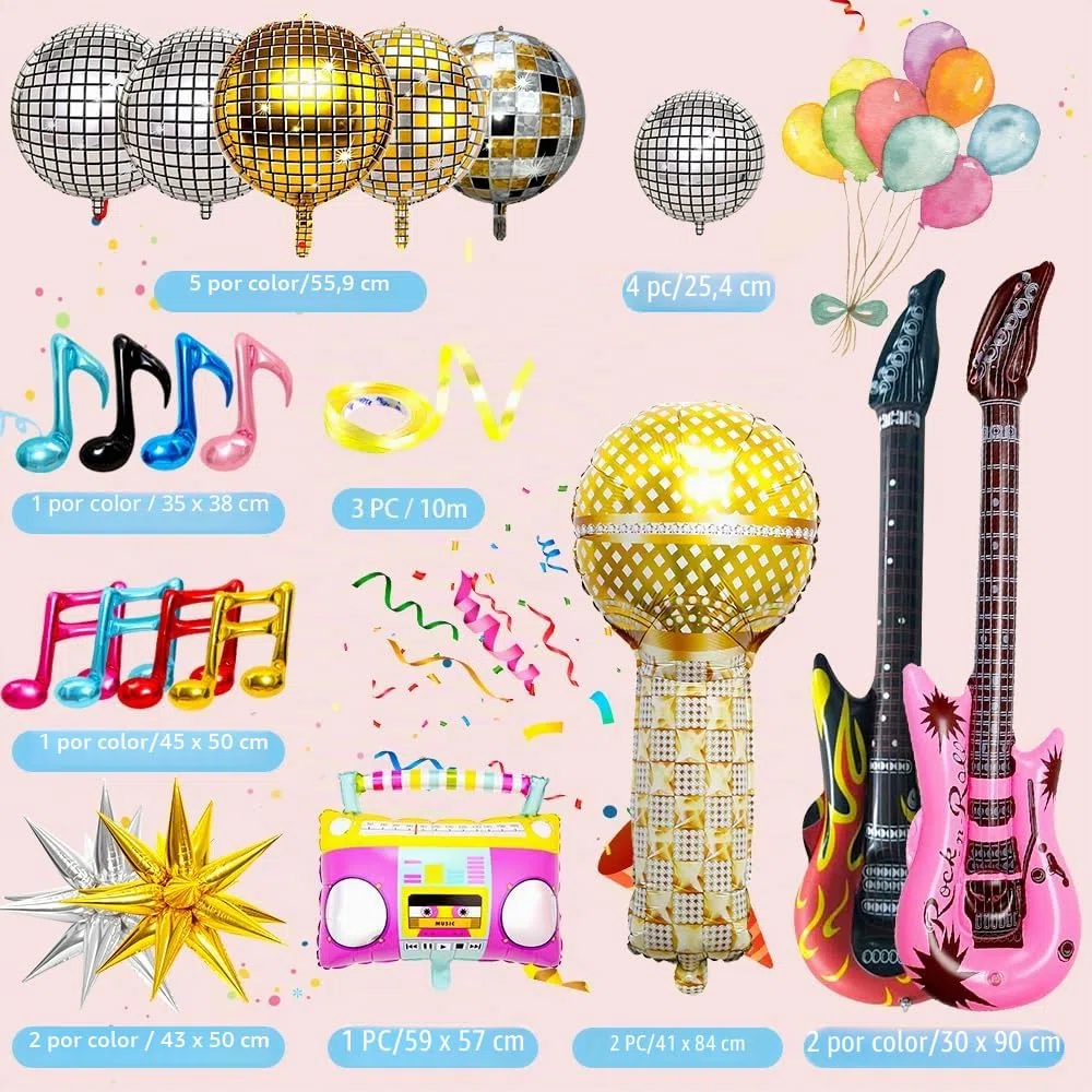 Globos para Fiesta Disco, 26PCS Globo Discos Explosión Estrella Guitarra Saxofón Globo de Aluminio con Motivos Musicales Variados, Tema Retro de los años 80 y 90 hip hop Fiebre Disco Globos