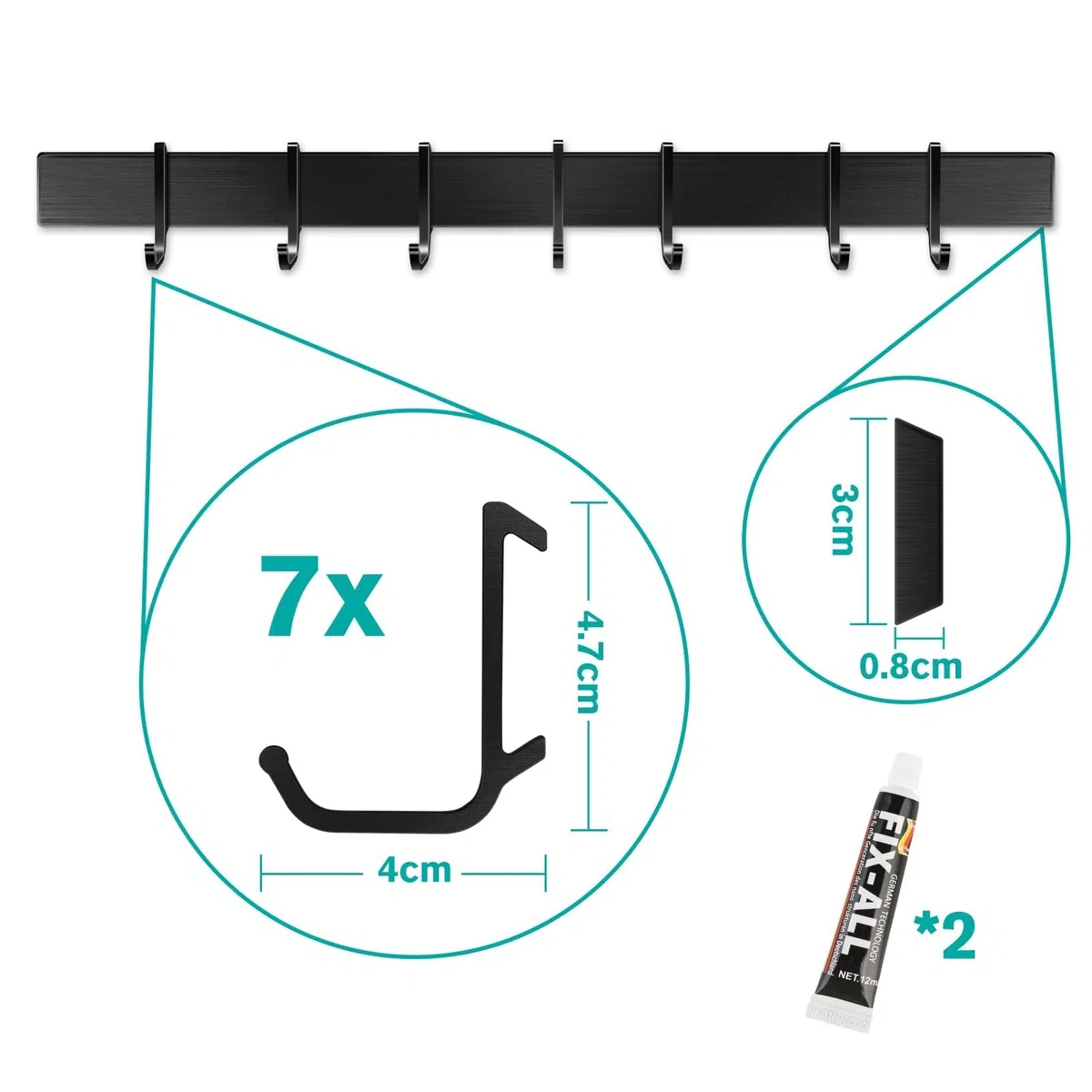 Soporte para utensilios de cocina sin taladro, barra de herramientas de cocina con 7 ganchos móviles, soporte de utensilios de cocina adhesivo, alumini,negro
