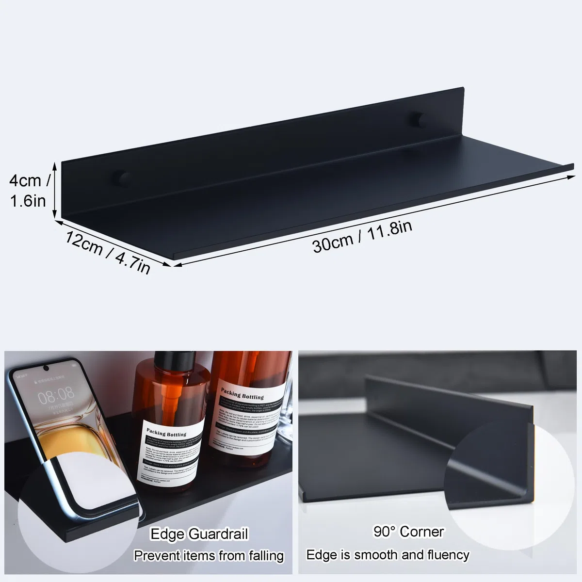 HNVNER Negro Estanteria Pared Juego de 2, Metal Estanteria Baño Sin Taladro 30CM, Antioxidante Estante Ducha, Moderno Baldas Flotantes Pared para Sala de Estar, Dormitorio, Cocina, Sala de Estudio