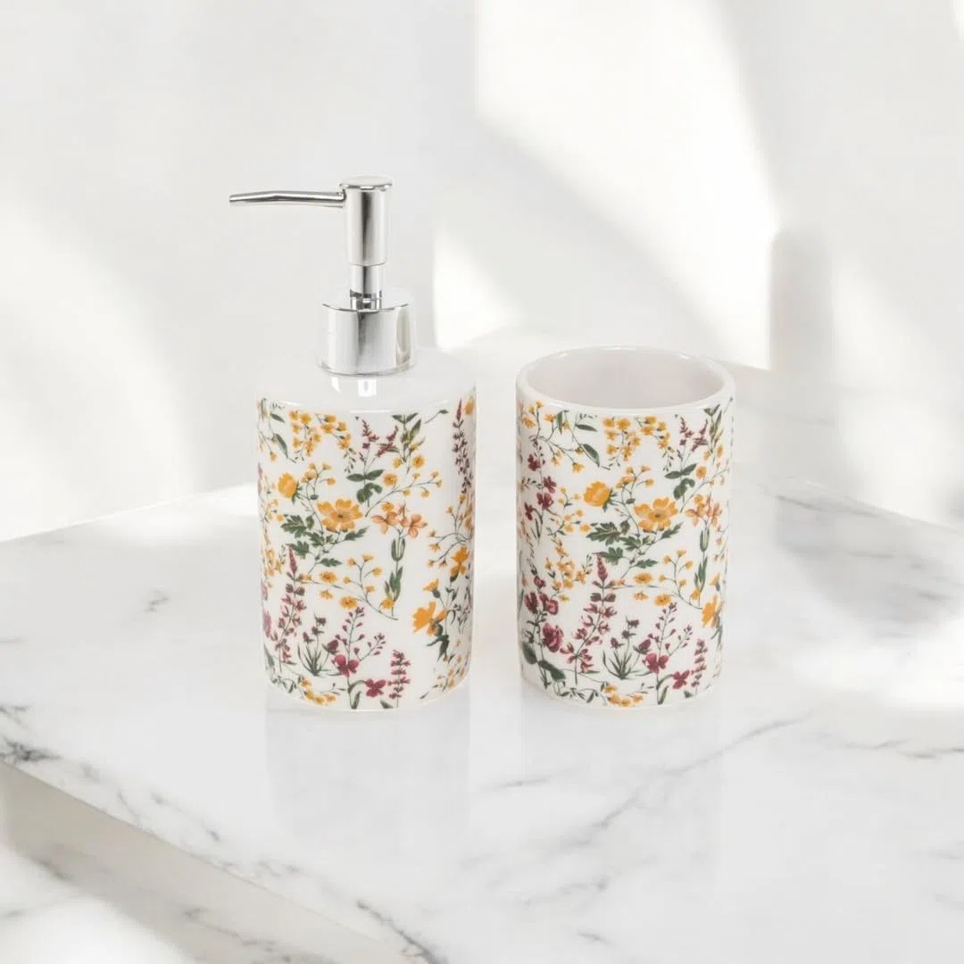 Juego de Baño Dispensador Jabon y Vaso de Baño Flores