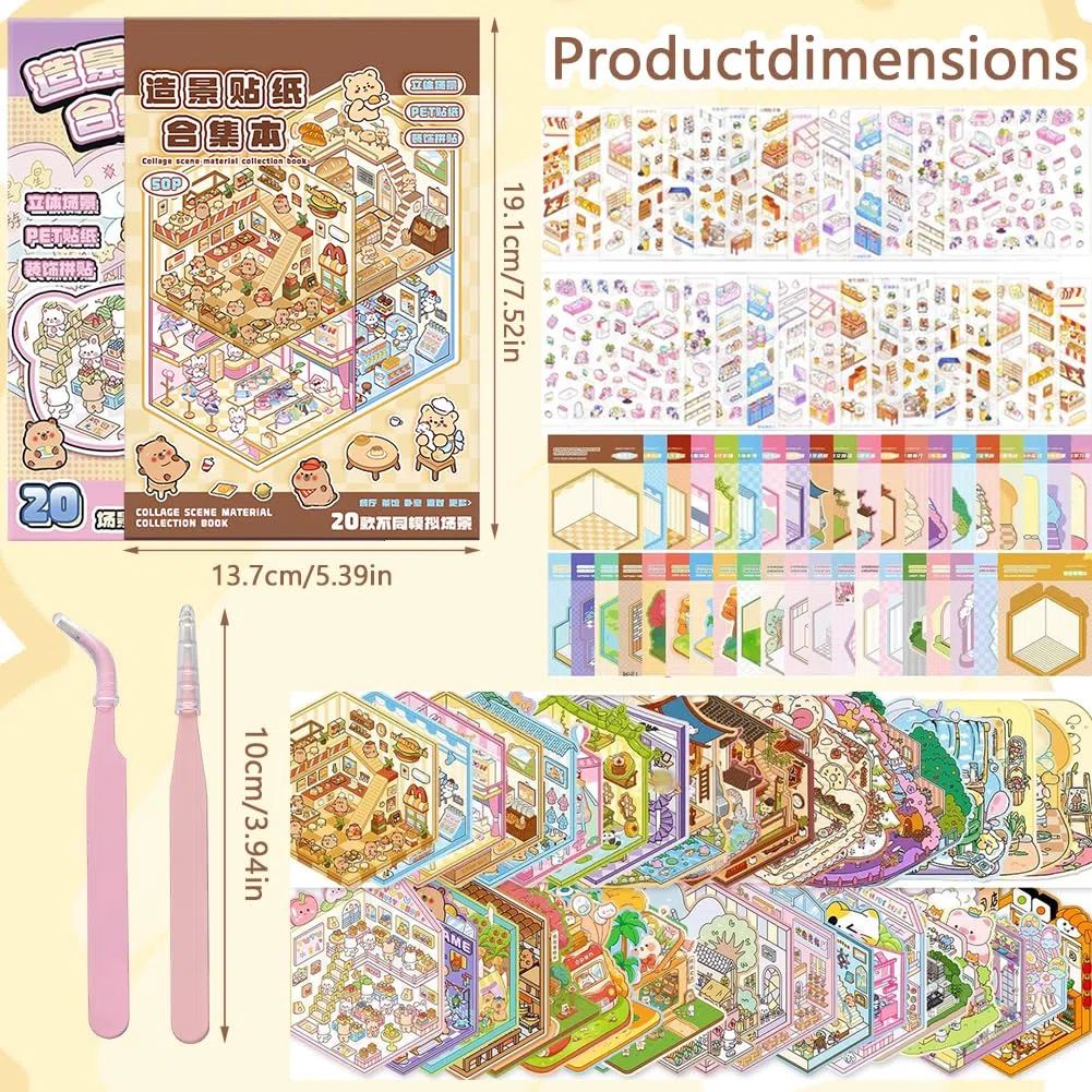 Pegatinas 3D con motivos, 40 sets Libro de pegatinas 3D para aficionados al bricolaje, pegatinas autoadhesivas de PET para aliviar el estrés, pegatinas creativas para la decoración del hogar