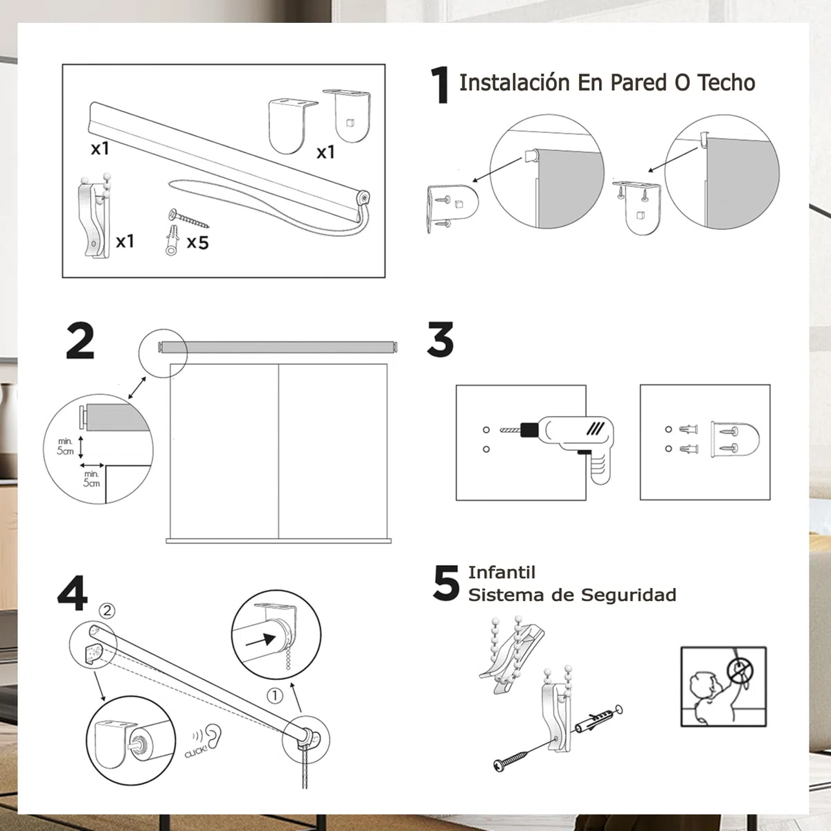 Estores Enrollables – Persiana Enrollable para Puertas y Ventanas con Cadena, protección de privacidad,120An x 180Al cm,Negro