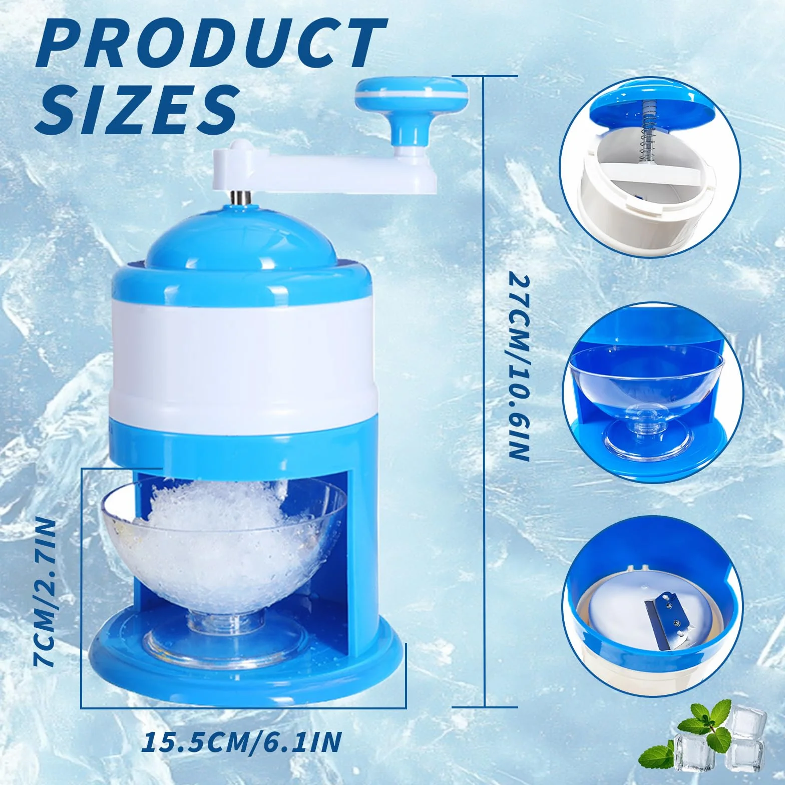Manual Picadora de hielo raspado,Trituradora de hielo manual Rotary,Slush Machine,Perfecto para batidos y hielo picado - Sin BPA (Azul)