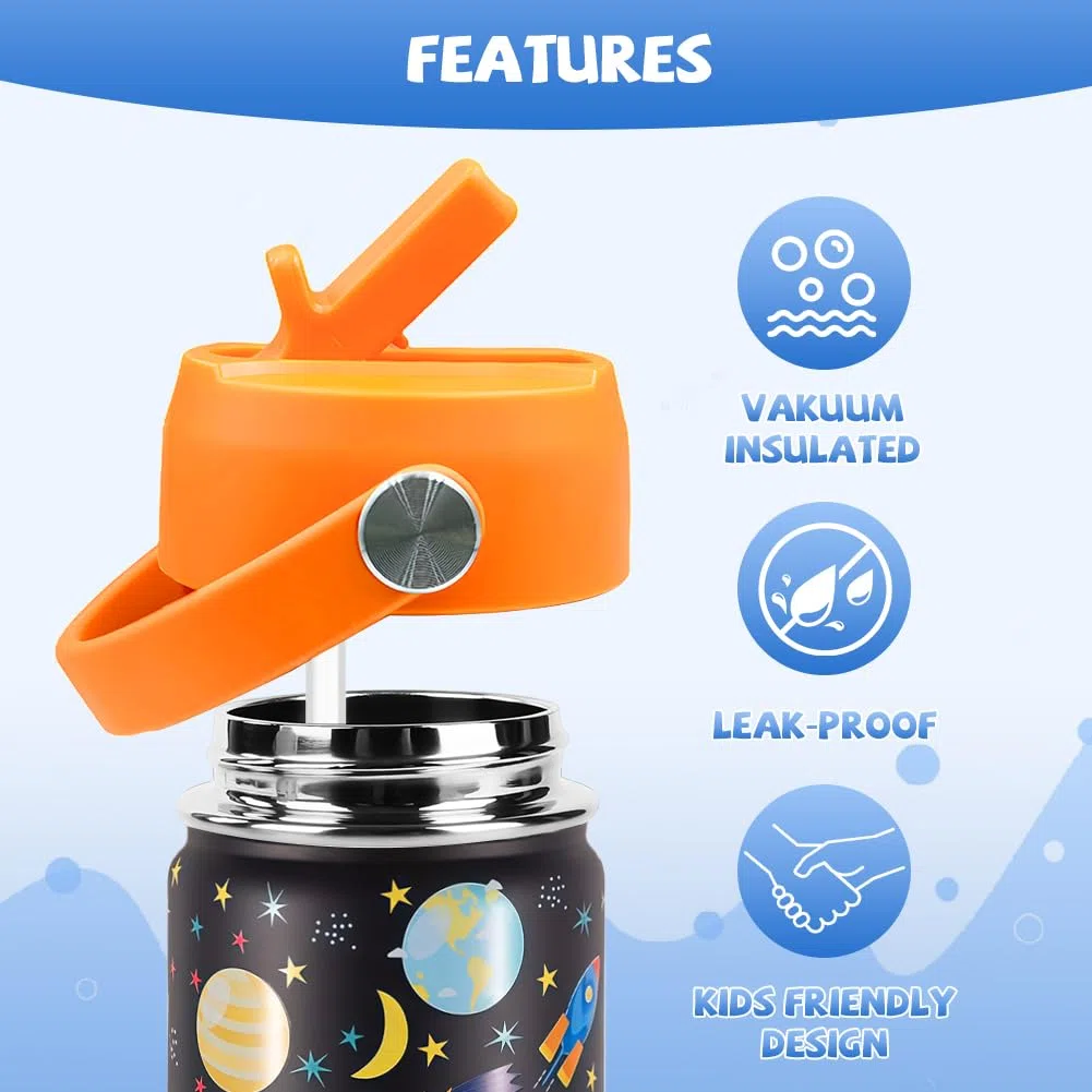 Botella de Agua para Niños de Acero Inoxidable 350ml, Botella de Agua Aislada, Botella Termica con Pajita, Reutilizable, Sin BPA, Sin Fugas, Asa de Transporte（Modelo Espacial）