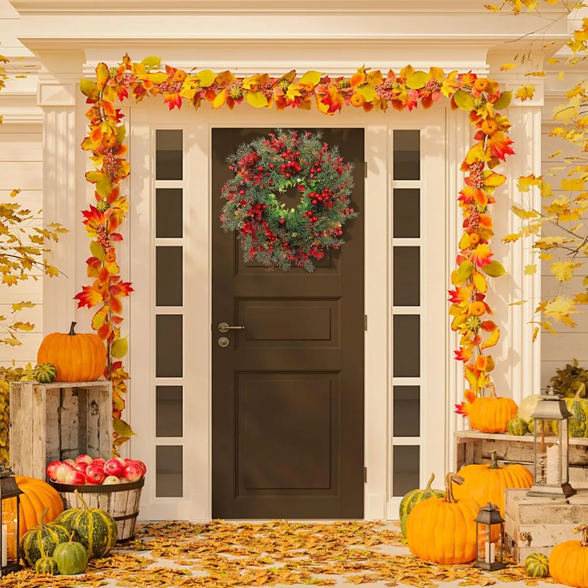 Corona de Navidad para Puerta,Coronas Navidad Corona de Adviento de árbol Navidad Conos de Pino Artificial de Acebo Rojo Corona de Bayas Corona de Navidad Adornos Navideños para Casa