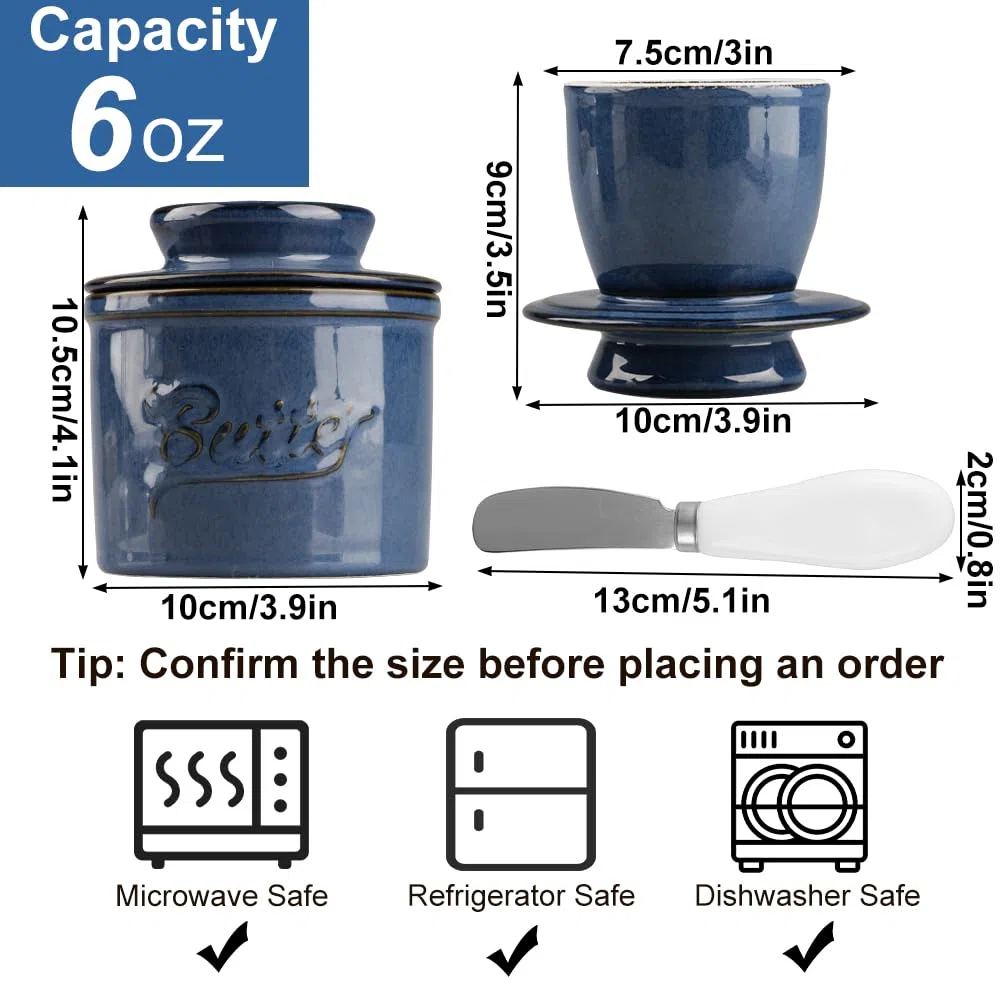 Mantequera francesa de cerámica de 280 g con tapa de cerámica, sistema de refrigeración por agua, línea de agua y cuchillo para mantequilla. Ideal para conservar la mantequilla fresca