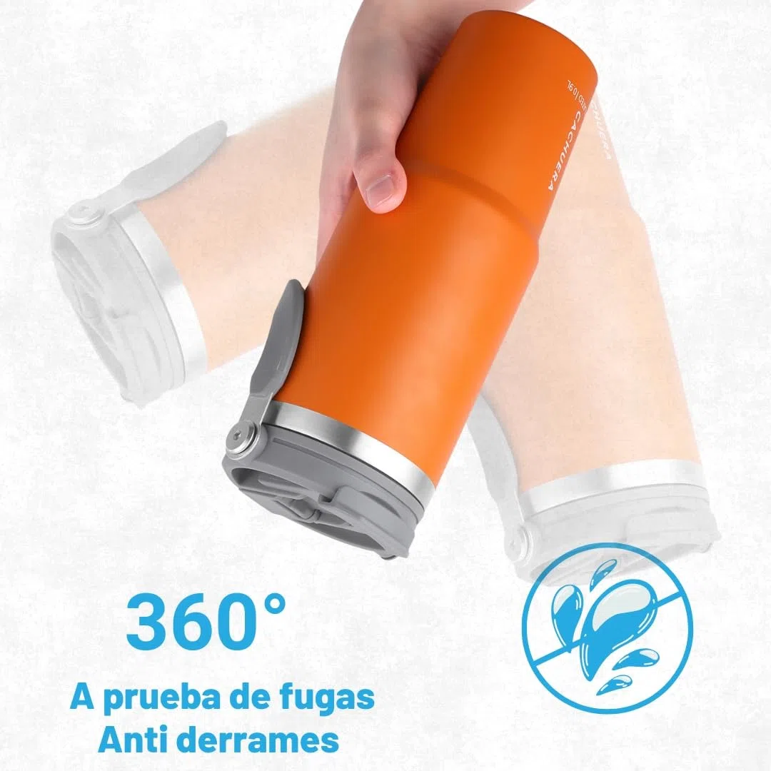 Vaso térmico de acero inoxidable CACHUERA: doble pared, tapa 2 en 1, termo, colores vibrantes. Conserva el calor 8 hs y el frío 15 hs. Disponibles en dos tamaños (NARANJA, 600)