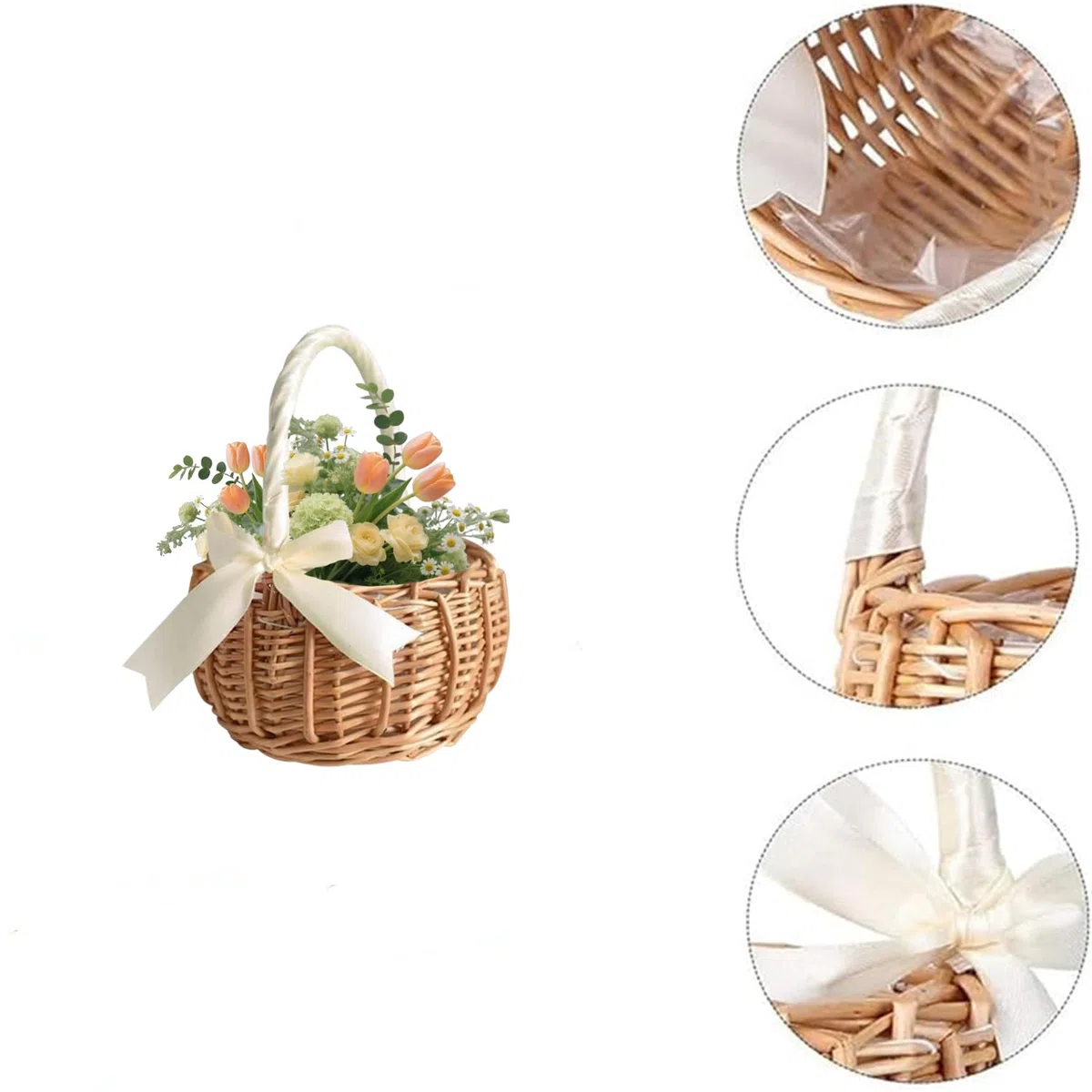 Cestas Pequeñas Mimbre Con Asa Aprox. 1,5 L, Cestas Pequeñas Mimbre Con Asa, Boda Flor Canastilla, Canasta De Niña De Las Flores, Canastilla Para Comuniones, Para Bodas y Decoración (Blanco)