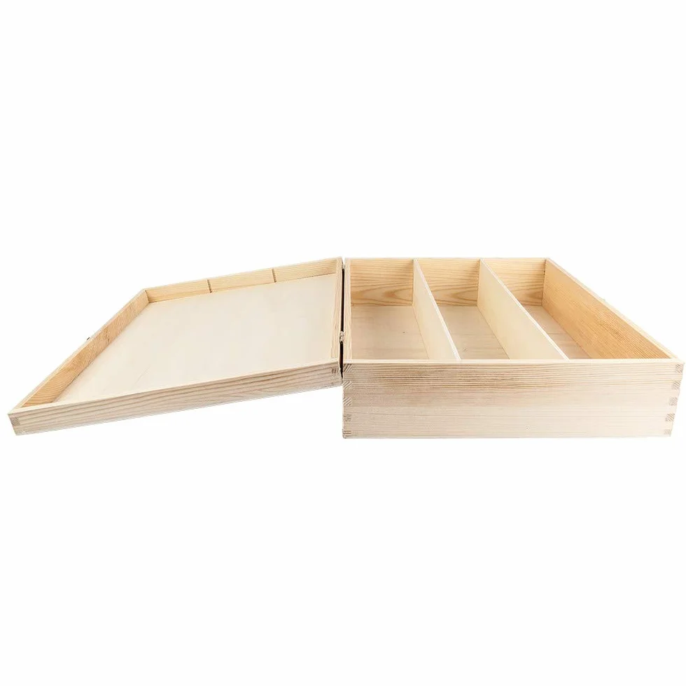 Caja de vino de madera con tapa, 3 compartimentos interiores, 35 x 30 x 10 cm, con cierre de metal dorado, ideal para manualidades y pintura, caja de madera DIY