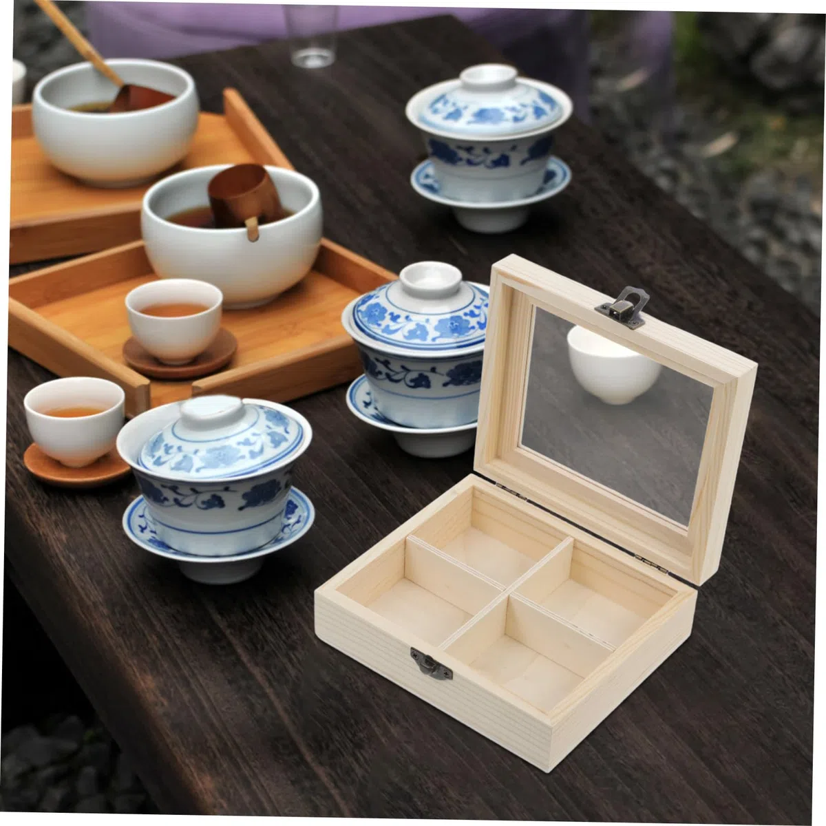 GLEAVI Caja Organizadora de Té Multifuncional de Madera con Tapa y Cuatro Compartimentos para Bolsitas de Té y Café en Encimeras de Cocina