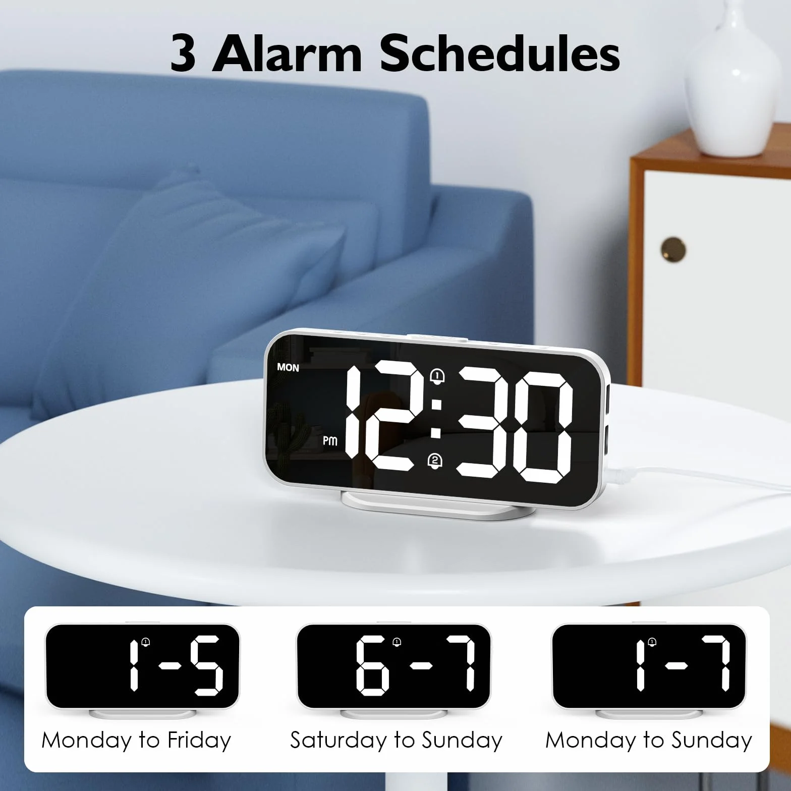 Despertador Digital Pantalla LED Espejo Clara Grande Alimentación por Cable USB Eléctrico, Reloj Despertador Digital Brillo Regulable con Snooze, 2 Puertos de Carga USB, Incluye Adaptador