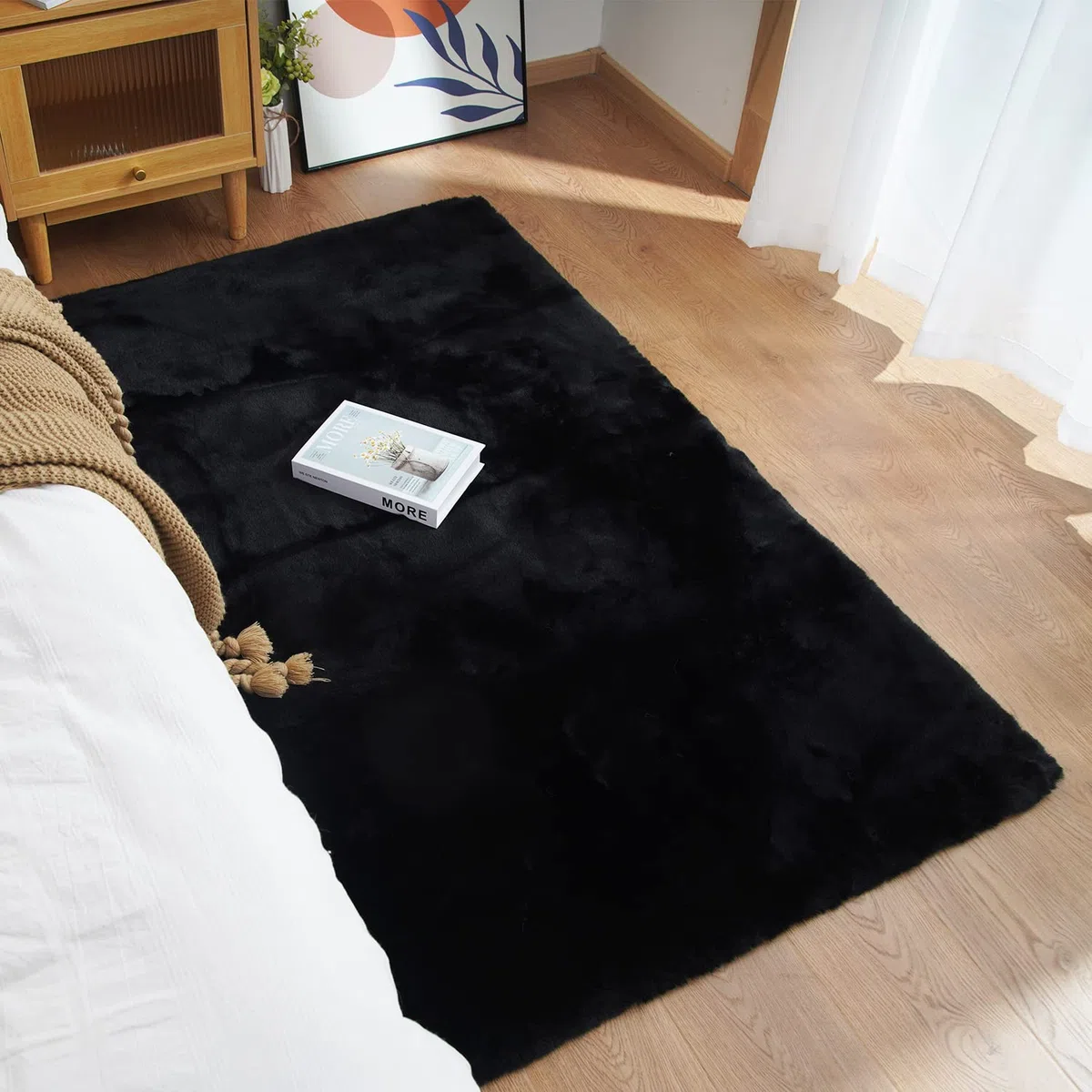Ghouse Alfombras Salón Rectangular Alfombra Suave de Pelo Corto de Habitación Dormitorio Lavables Alfombra Antideslizante Muy Suave, Alfombra esponjosa de Cama (60 x 90 cm,Negro)