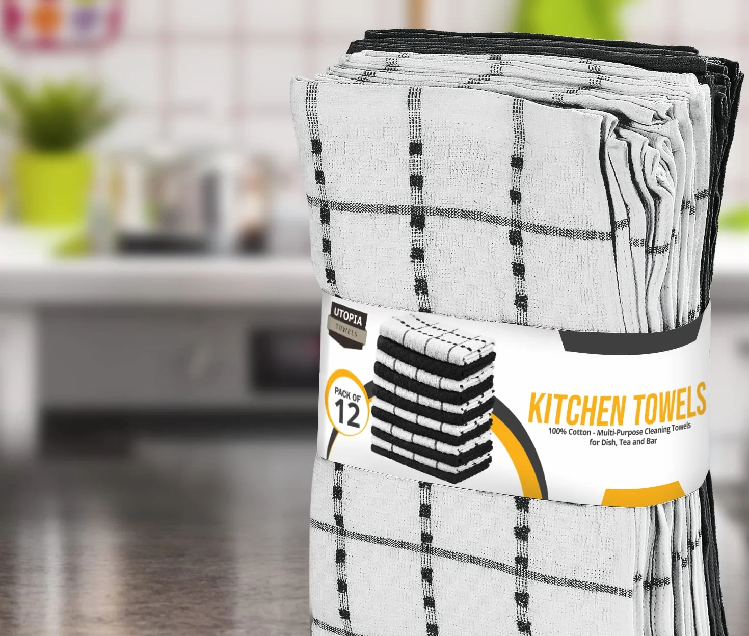 Utopia Towels Toallas de Cocina, 38 x 64 cm, 100% algodón Hilado en Anillo, Toallas de Plato súper Suaves y absorbentes, Toallas de té y Toallas de Barra, (Paquete de 12) (Negro Y Blanco)