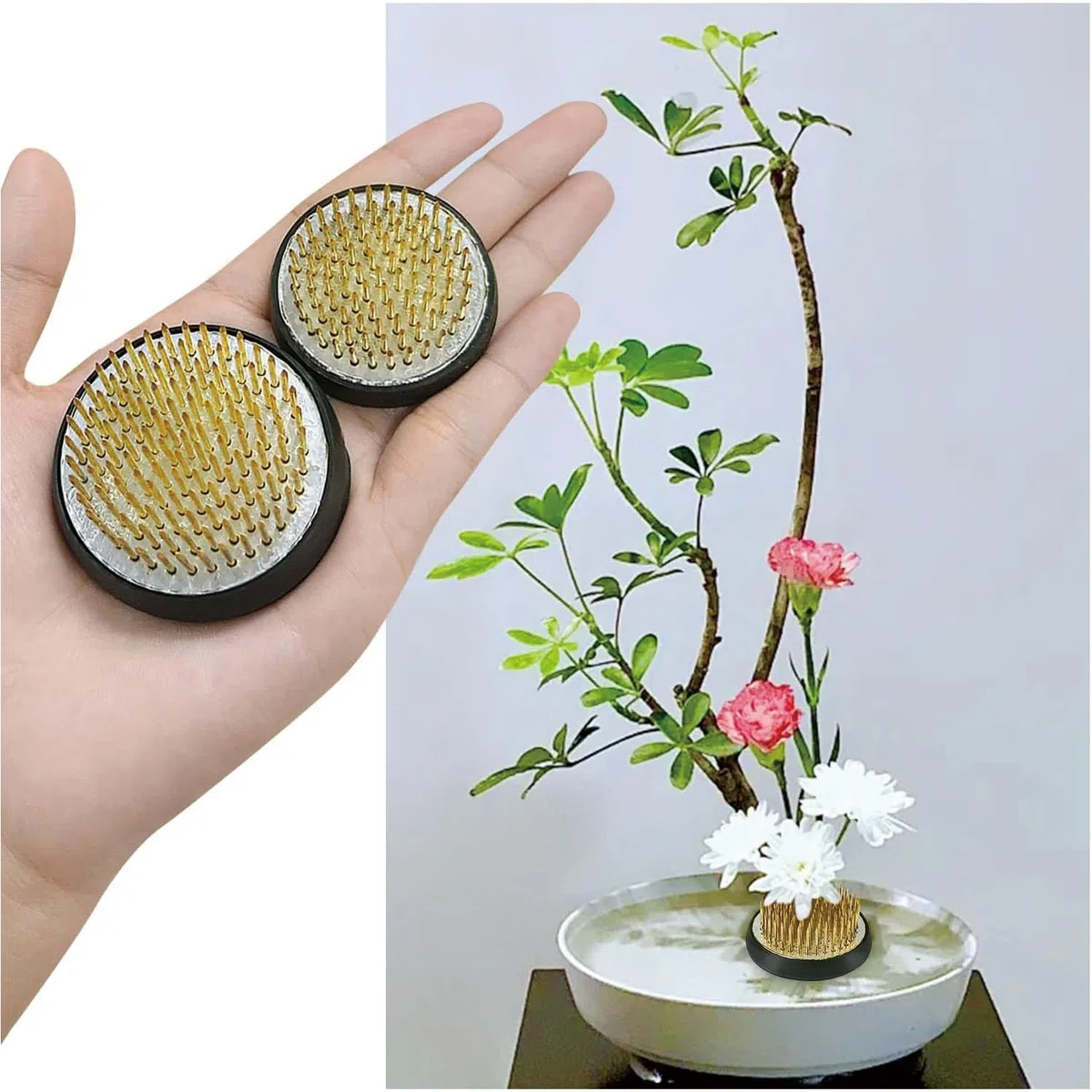 4 Piezas Flower Frog, Rana de Flores, Ikebana Kenzan, Steckigel Blumen, Kenzan Blumensteckigel Round, con Junta de Goma y Cepillo de Limpieza, para Arreglos Florales, Hogar, Oficina, Floristería