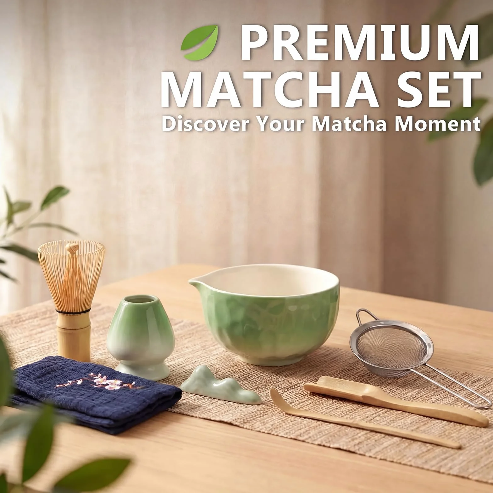 Matcha Kit 8 piezas, Kit Té Matcha Completo Con Cuenco Matcha, Batidor Matcha, Soporte para Batidor, Cuchara, Tamiz, Paño, Kit de Té Matcha Artesanal para Amantes el Matcha, Verde