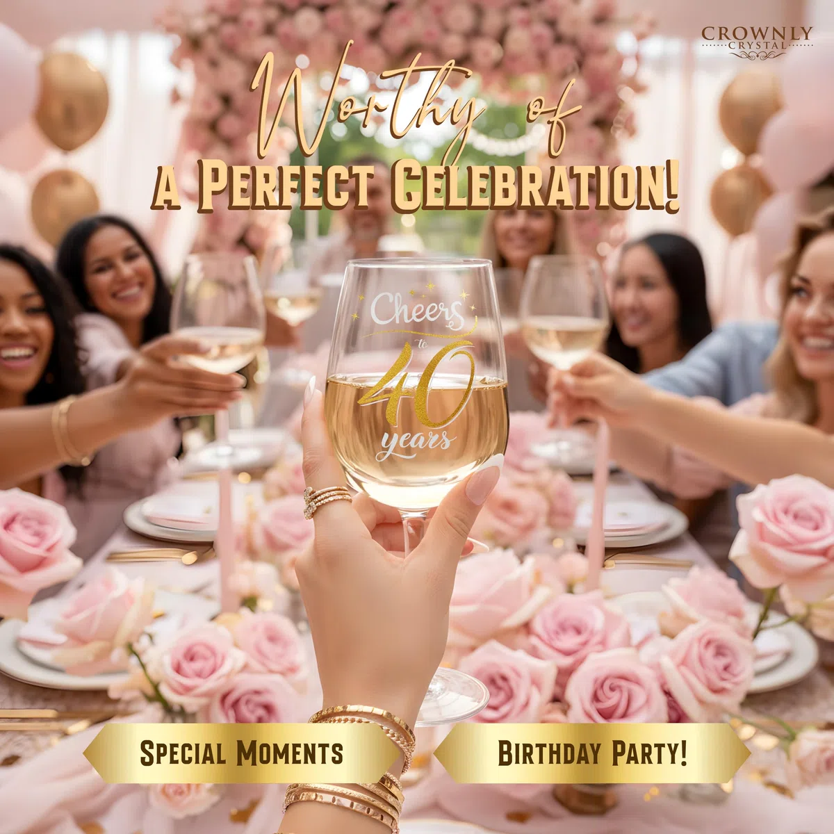 CROWNLY CRYSTAL Copa Vino Cristal Regalo Personalizado Mujer 40 Años Cheers To 40 Years Cumpleaños Mujer Aniversario Brindis Elegante Copa Para Vino Cava Y Cócteles Recuerdo Especial