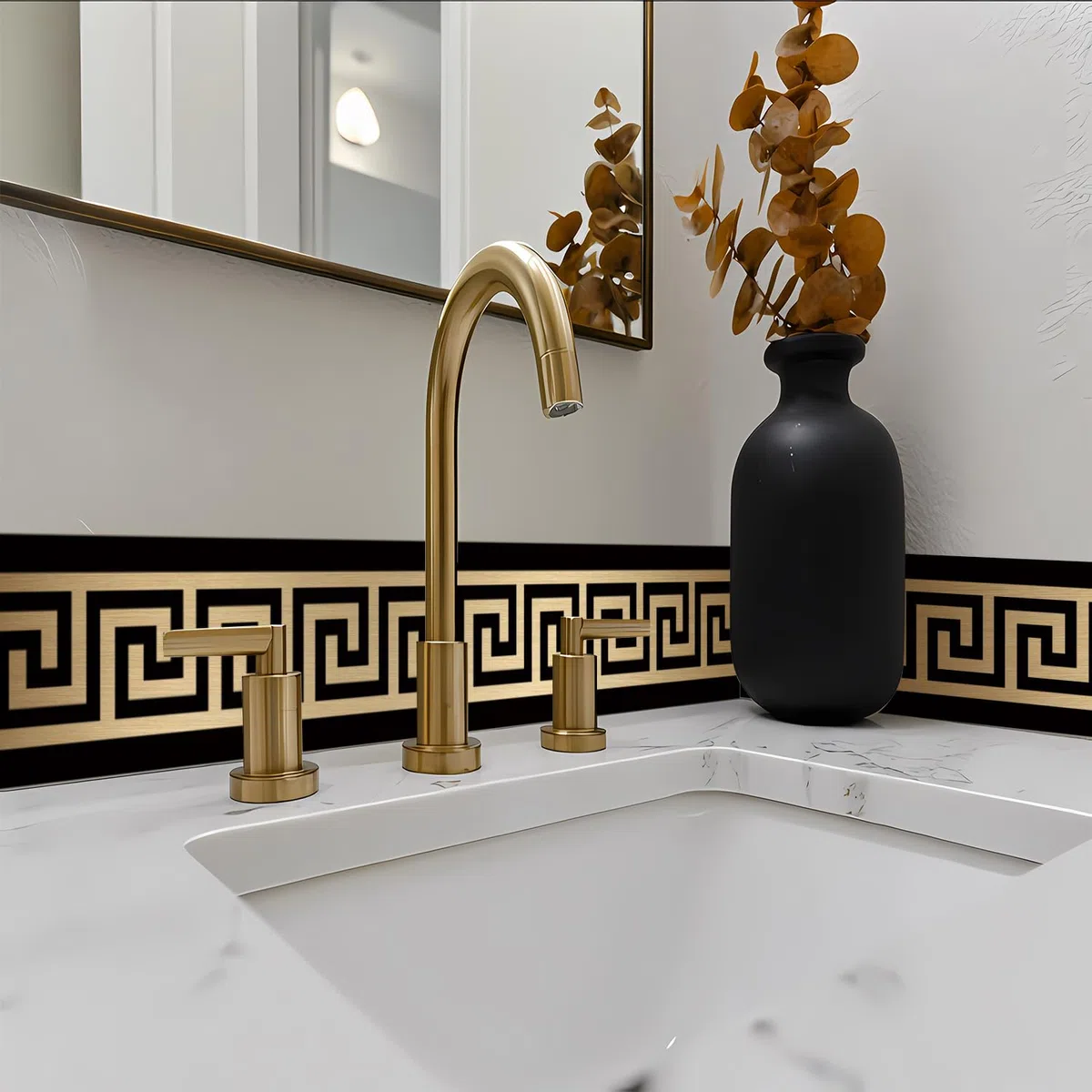 Funlife 1 rollo de papel pintado de PVC, cenefa de papel pintado, tatuaje de pared en estilo griego, cenefa de pared, lámina adhesiva para baño, espejo cocina, azulejos, 10x200 cm, dorado