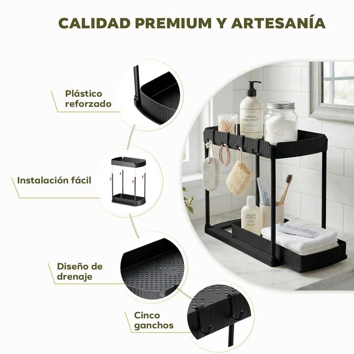 Organizador bajo Fregadero 2 Niveles con Cajón Extraíble – Sin Herramientas Estante con 4 Ganchos, para Baño & Cocina, Negro