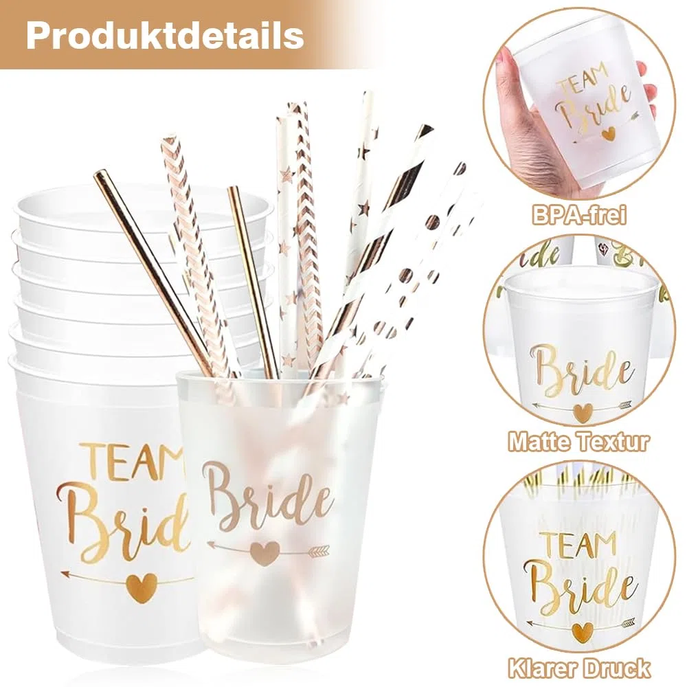 Juego de 12 tazas con 12 pajitas, taza JGA reutilizable Team Bride Bachelorette Party Cup Bride Team Tazas para Bridal Shower Compromiso despedida de soltero
