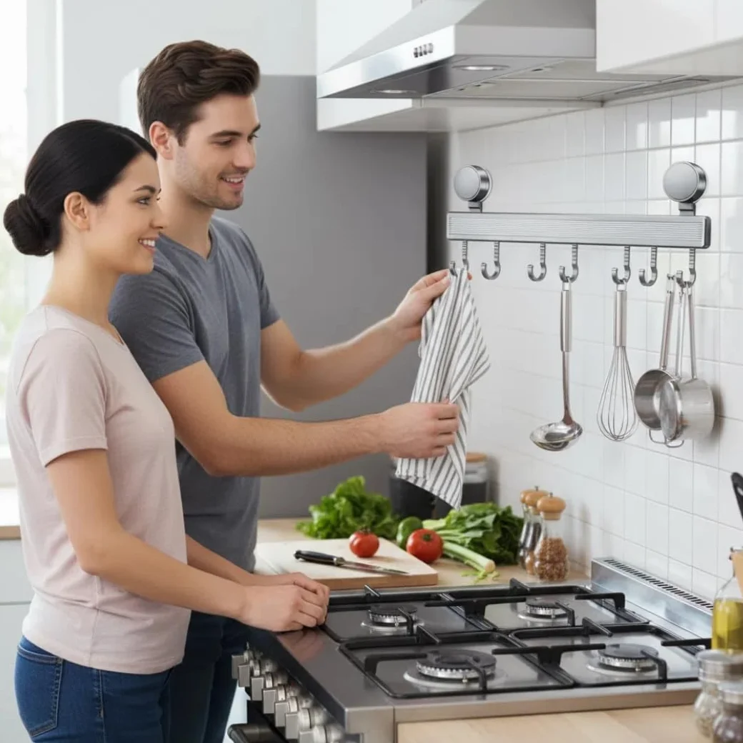 Barra para Utensilios de Cocina con Ventosa,40 cm Soporte Desmontable de Aluminio con 8 Ganchos,Colgador para Trapos y Accesorios,Capacidad de Carga hasta 20 kg,Anticorrosivos,Desmontables