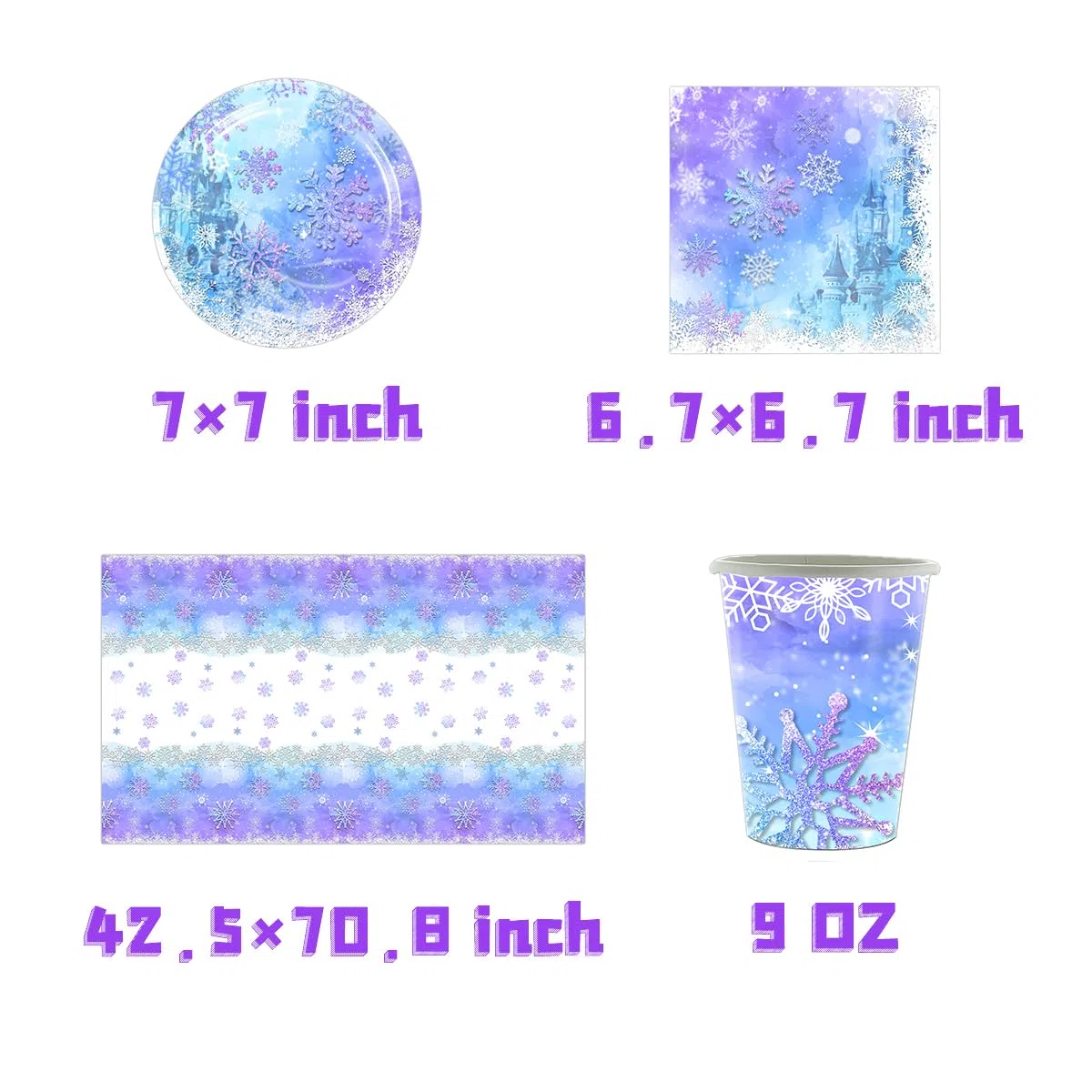 61 piezas Vajilla fiesta Frozen, juego de vajilla copo de nieve azul y morado, 20 servilletas 20 vasos de papel 20 platos de papel 1 mantel, vajilla para niños y adultos