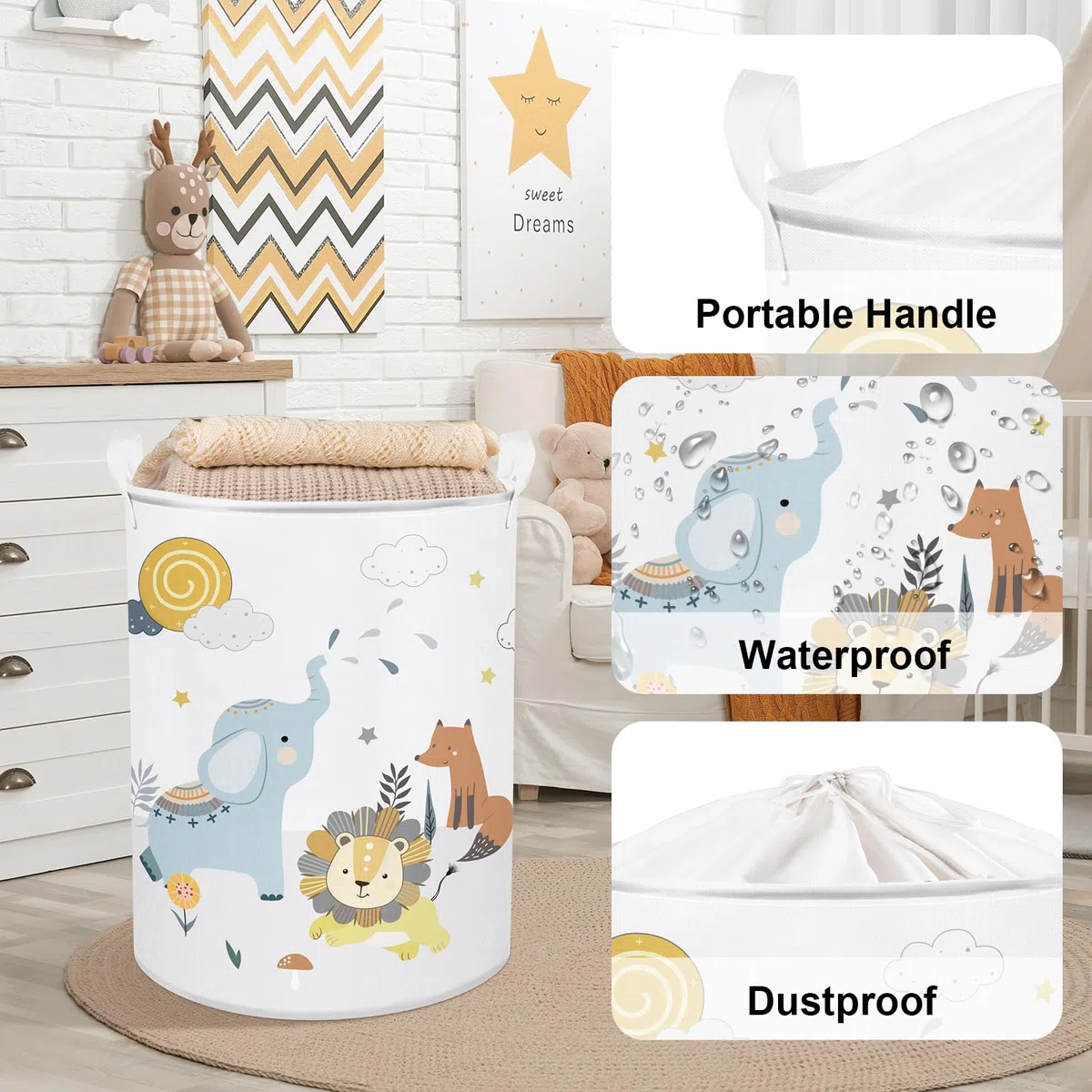 Clastyle 45L Cesta Ropa Sucia Animales Dibujos Elefante Zorro León Nubes Cestos Almacenaje Juguetes Blanco Plegable Redonda para Habitación Infantil, 36x45 cm