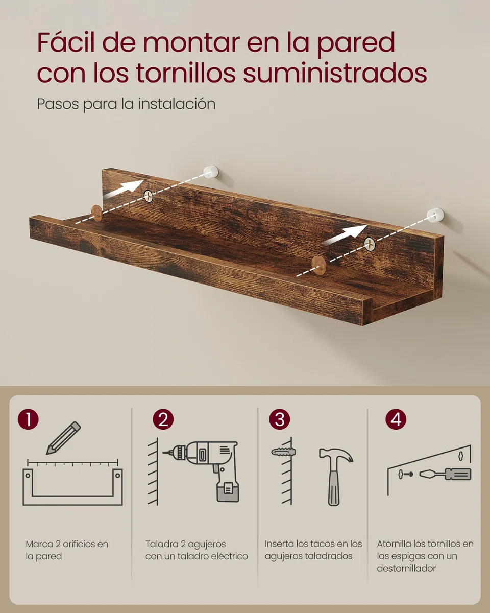 VASAGLE Custos Colección - Juego de 3 Estantes Murales, Estanterías de Pared de Madera para Marcos de Fotos y Libros, Estilo Moderno, para Baño, Cocina y Sala de Estar, Marrón Rústico LWS037X01
