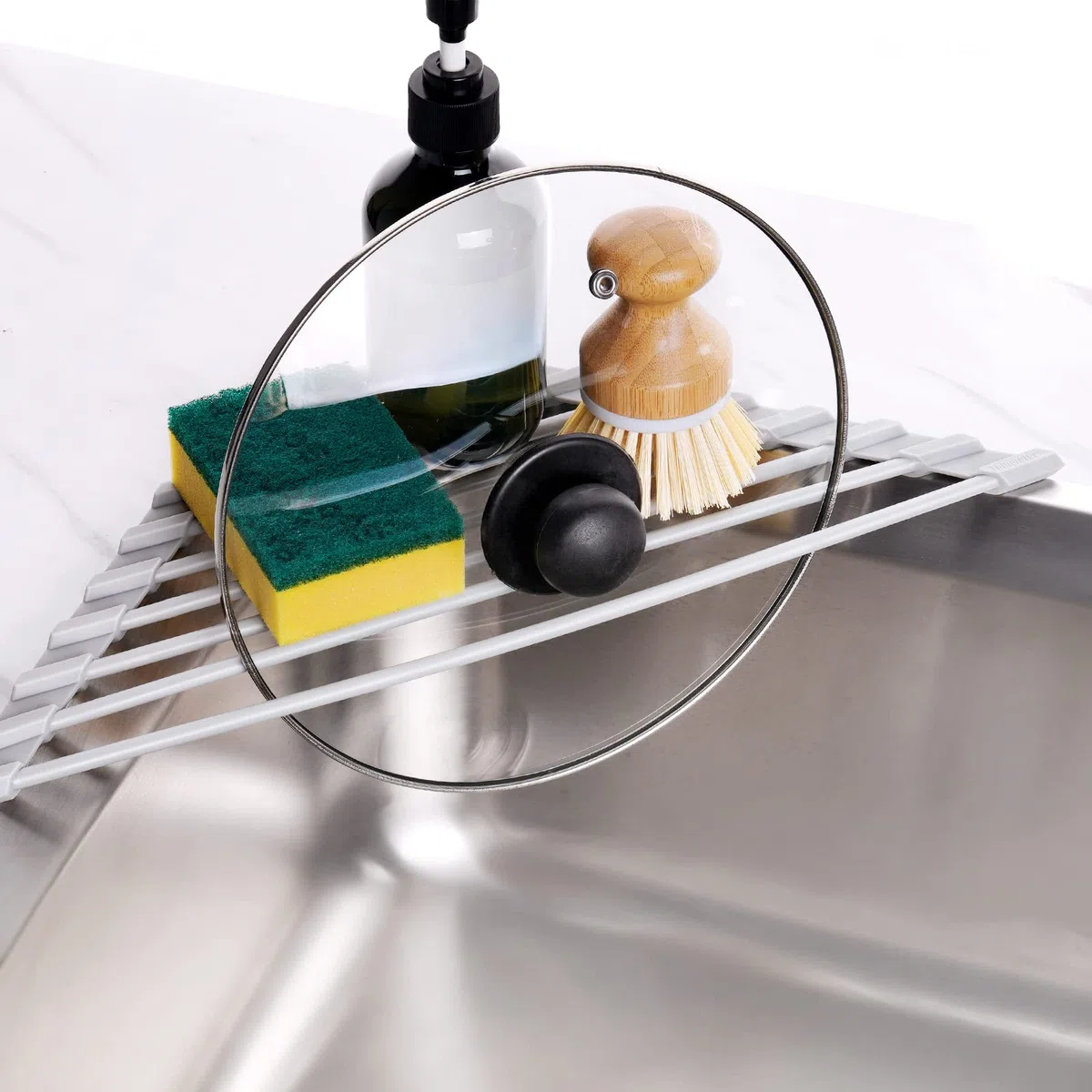 Tomorotec Escurridor de Platos Enrollable Triangular – Pequeño Plegable Recubierto de Silicona para Esquina del Fregadero, Organizador de Acero Inoxidable, escurridor y Ahorro de Espacio para