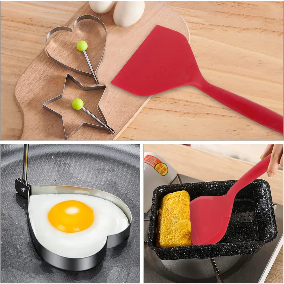 Bandeja de tortilla japonesa, bandeja de huevo mini rectángulo con espátula de silicona ancha y 2 anillos de huevo fritos, herramientas de cocina de cocina para el hogar de tamagoyaki antiadherente