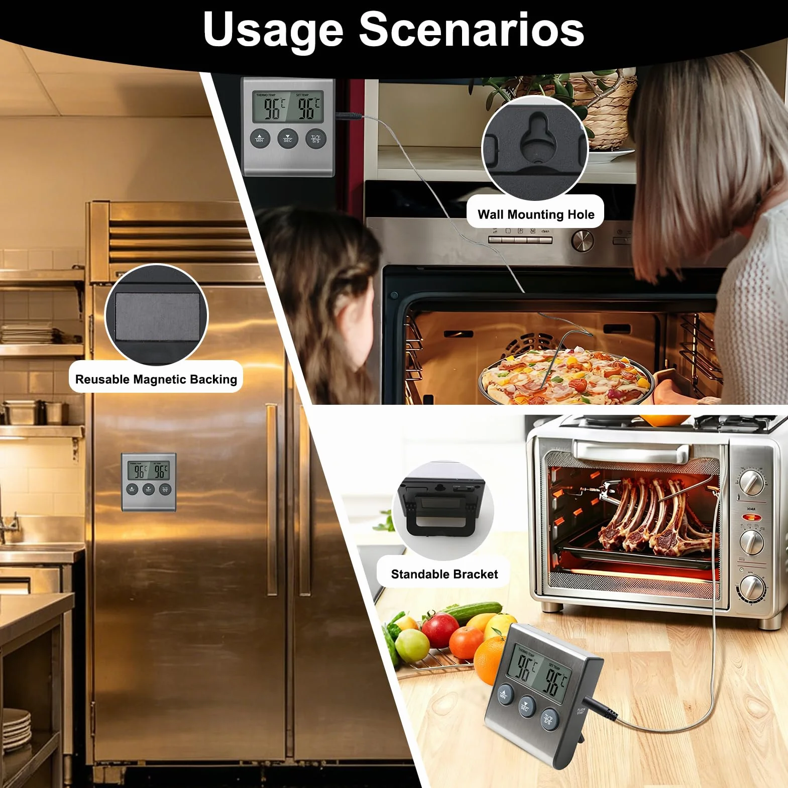 Termómetro Digital para Carne y Barbacoa con Pantalla LCD Grande, Sonda de Acero Inoxidable y Temporizador, Termómetro de Cocina paraHorno, Ahumador, Parrilla y BBQ