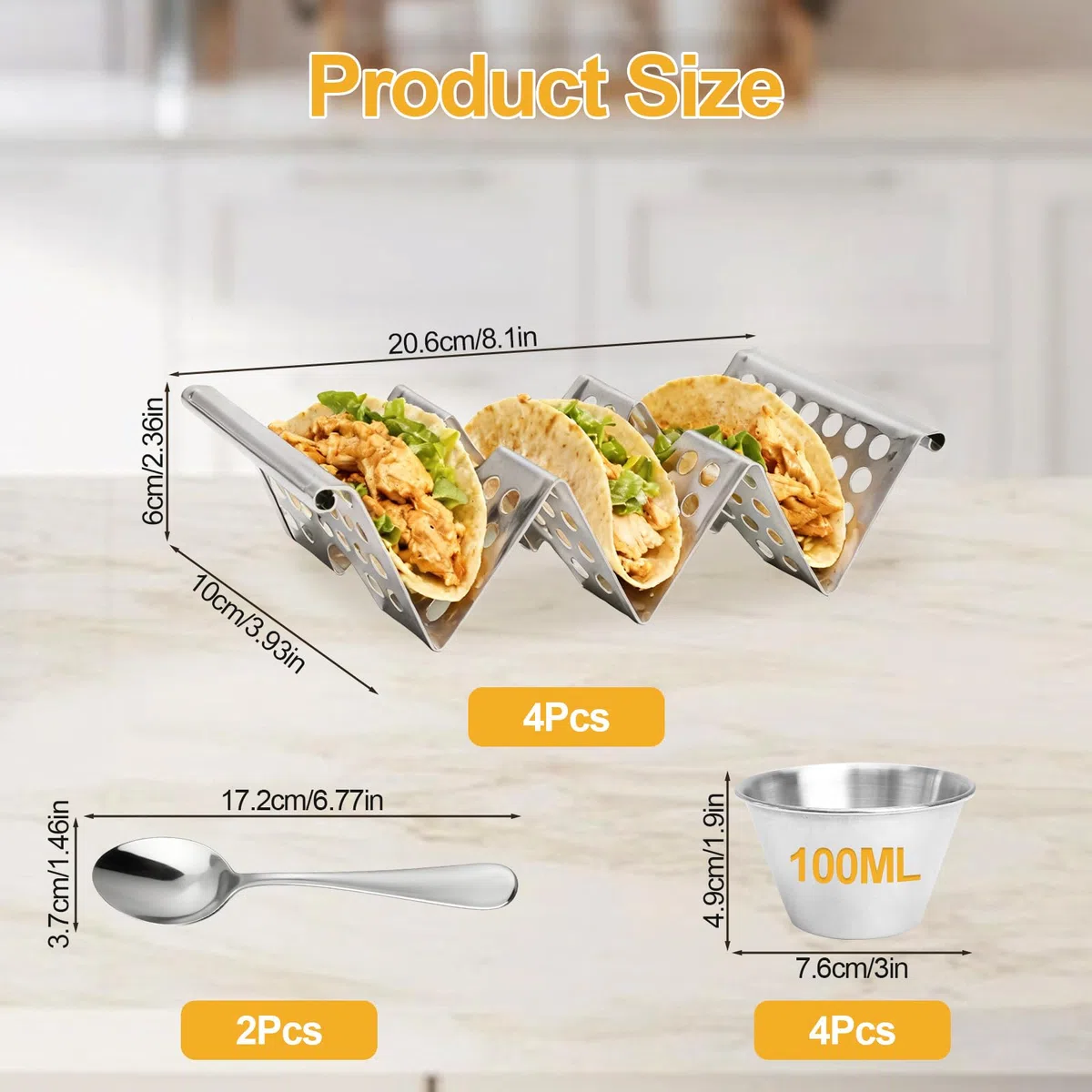 10 Soporte para Tacos de Acero Inoxidable con Cuencos para Mojar y Cuchara, Estante para Tacos Wave hasta 3 Tacos Cada Uno, Soporte para Perritos Calientes para Mantener Sandwiches Tortitas