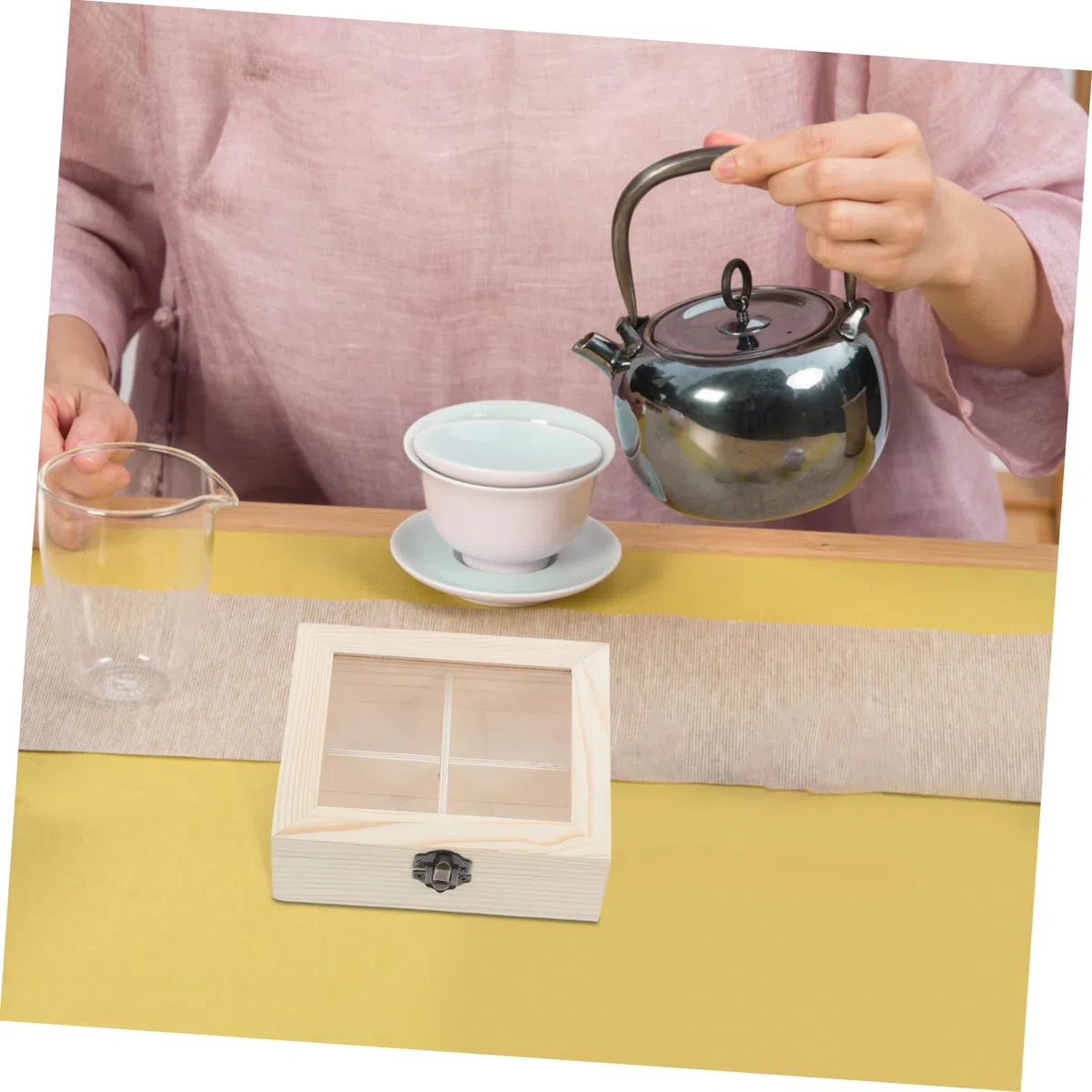 GLEAVI Caja Organizadora de Té Multifuncional de Madera con Tapa y Cuatro Compartimentos para Bolsitas de Té y Café en Encimeras de Cocina