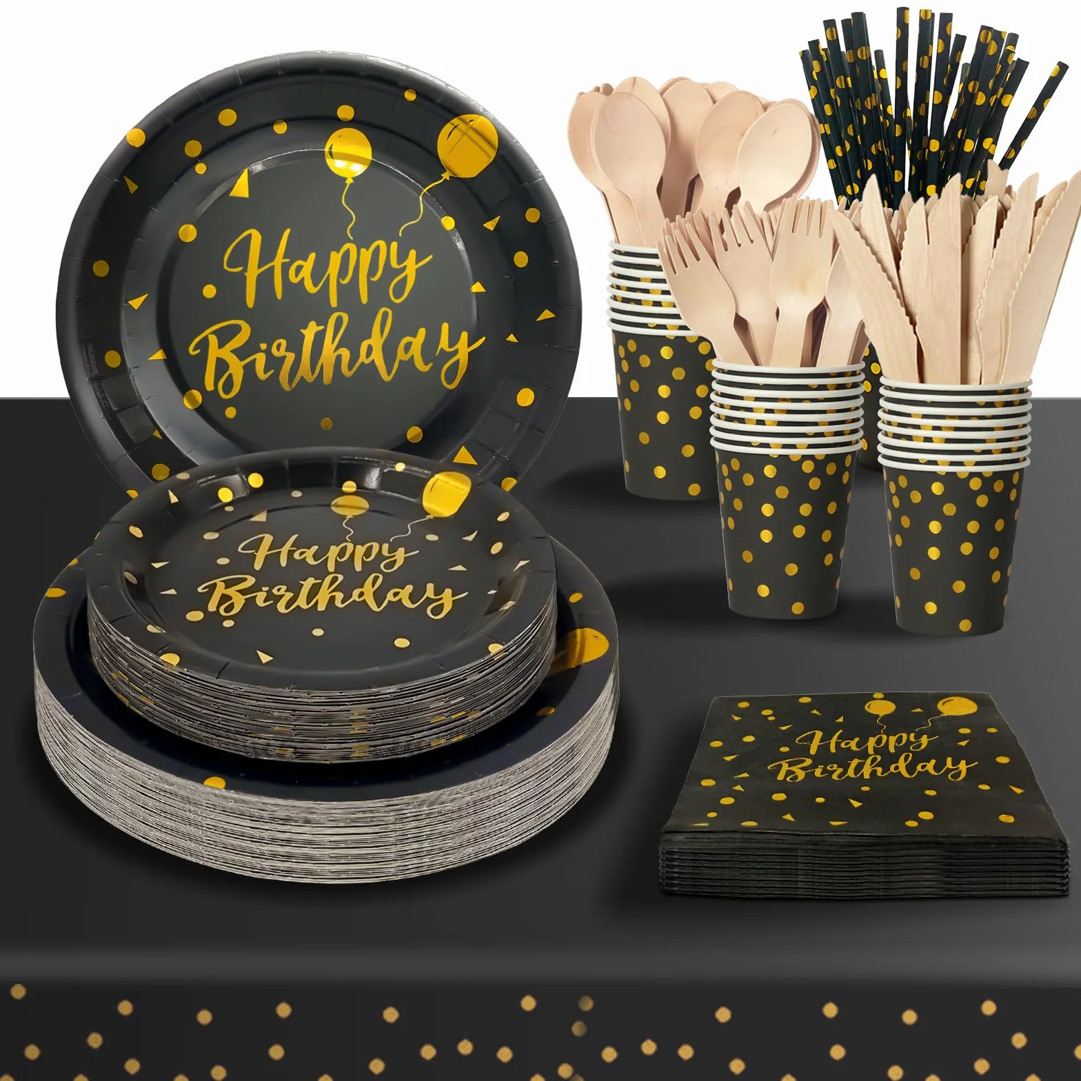 Cumpleaños Vajilla de Fiesta,193 Pcs Oro Negro Vajilla Set Platos Fiesta Tazas Servilletas Cuchillos Tenedores Cuchara y Mantel, para todo tipo de Fiestas Temáticas -24 invitados