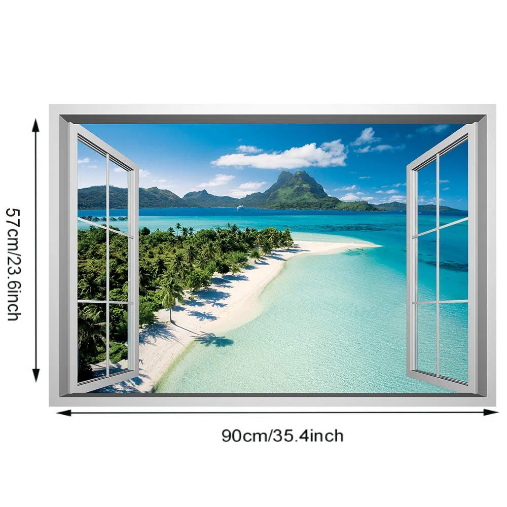 Lichi Pegatina de Pared 3D de Ventana Falsa de Escena de Playa en Isla, Vinilo Decorativo para Decoración del Hogar