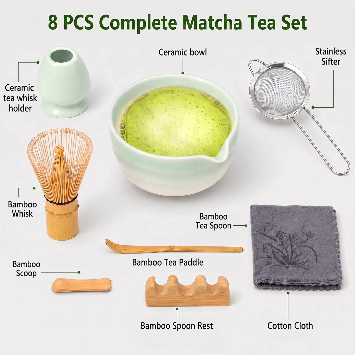 Kit Matcha 8 Piezas | Bol Cerámica Degradado con Pico Vertedor Lavable en Lavavajillas | Chasen 100 Cerdas Bambú | Ceremonia Té Japonés Matcha Latte | Regalo Principiante Verde