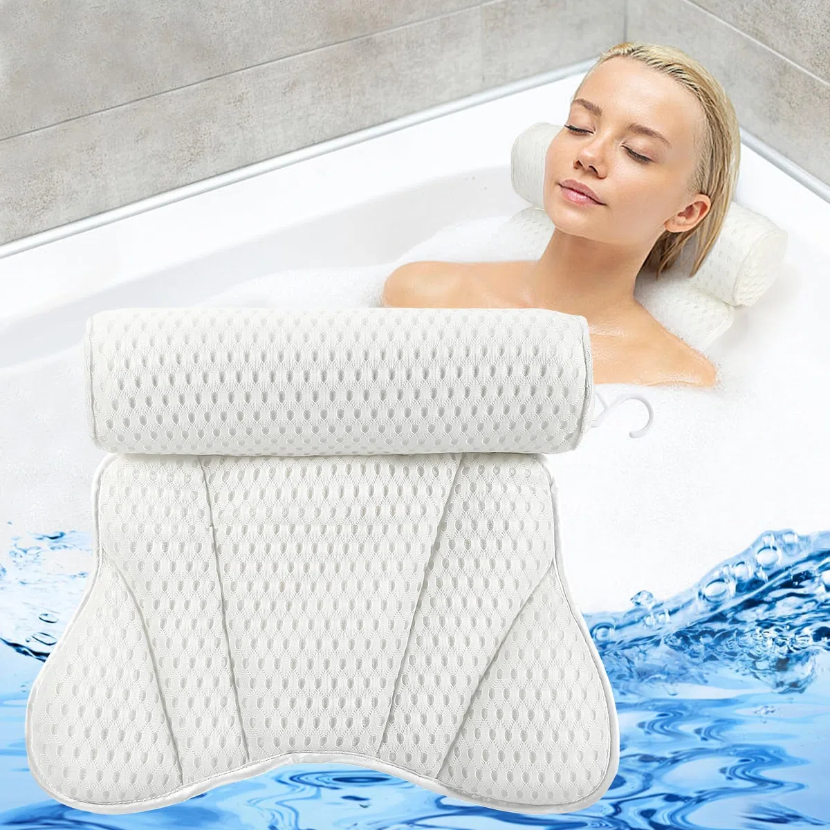 Almohada Bañera, Malla 4D Almohada de Baño, Almohada para Bañera con 6 Ventosas Antideslizantes, Reposacabezas Ergonómico, Puede soportar la Cabeza, el Cuello, la Espalda, para Bañera de Hidromasaje