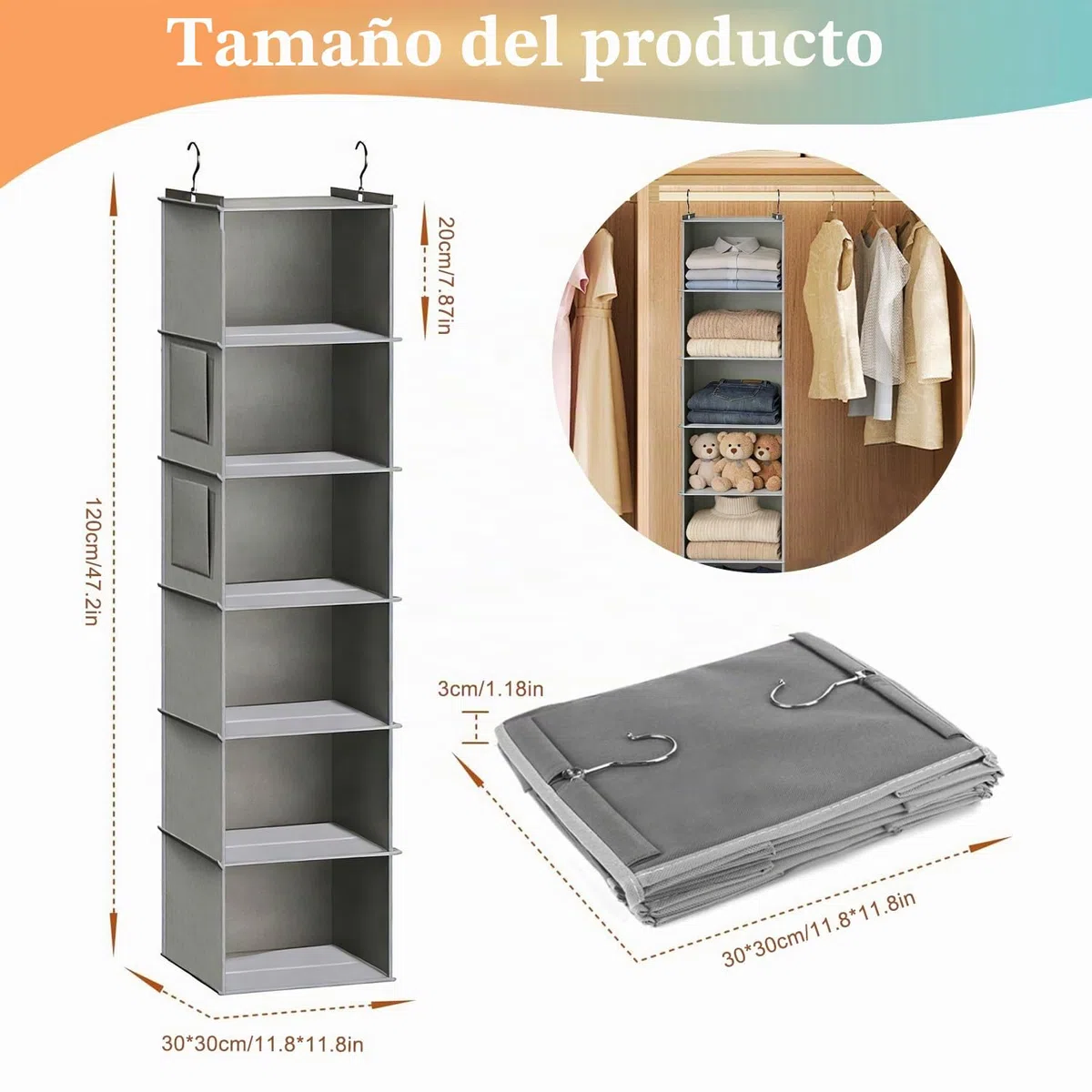 JSMTKJ Organizador Armario, Organizador Colgante 6 Compartimentos Plegables para Ahorro de Espacio, Ganchos de Metal Reforzados para Armario o Dormitorio
