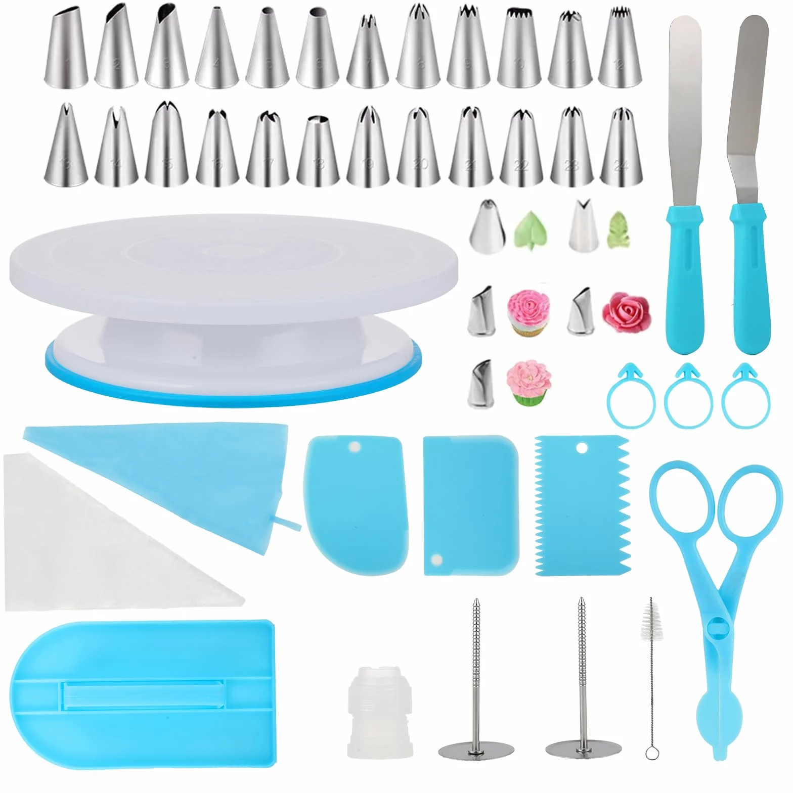 KITDAHOM 65 Piezas Set Plato Giratorio para Tartas - Base Giratoria para Tartas, Acero Inoxidable y PP, con Base para Tarta, Raspadores, Boquillas, ideal para Repostería y Decoración