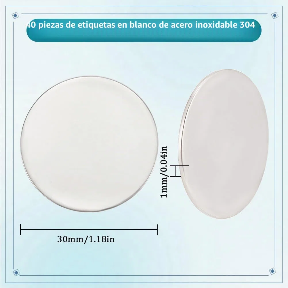 SUNNYCLUE 1 Caja de 40 Piezas de Discos de Grabado Láser de Acero Inoxidable En Blanco para Estampación de Plata Plana Y Redonda de 30mm para Grabar En Blanco para Hacer Joyas Etiquetas con Nombre Co