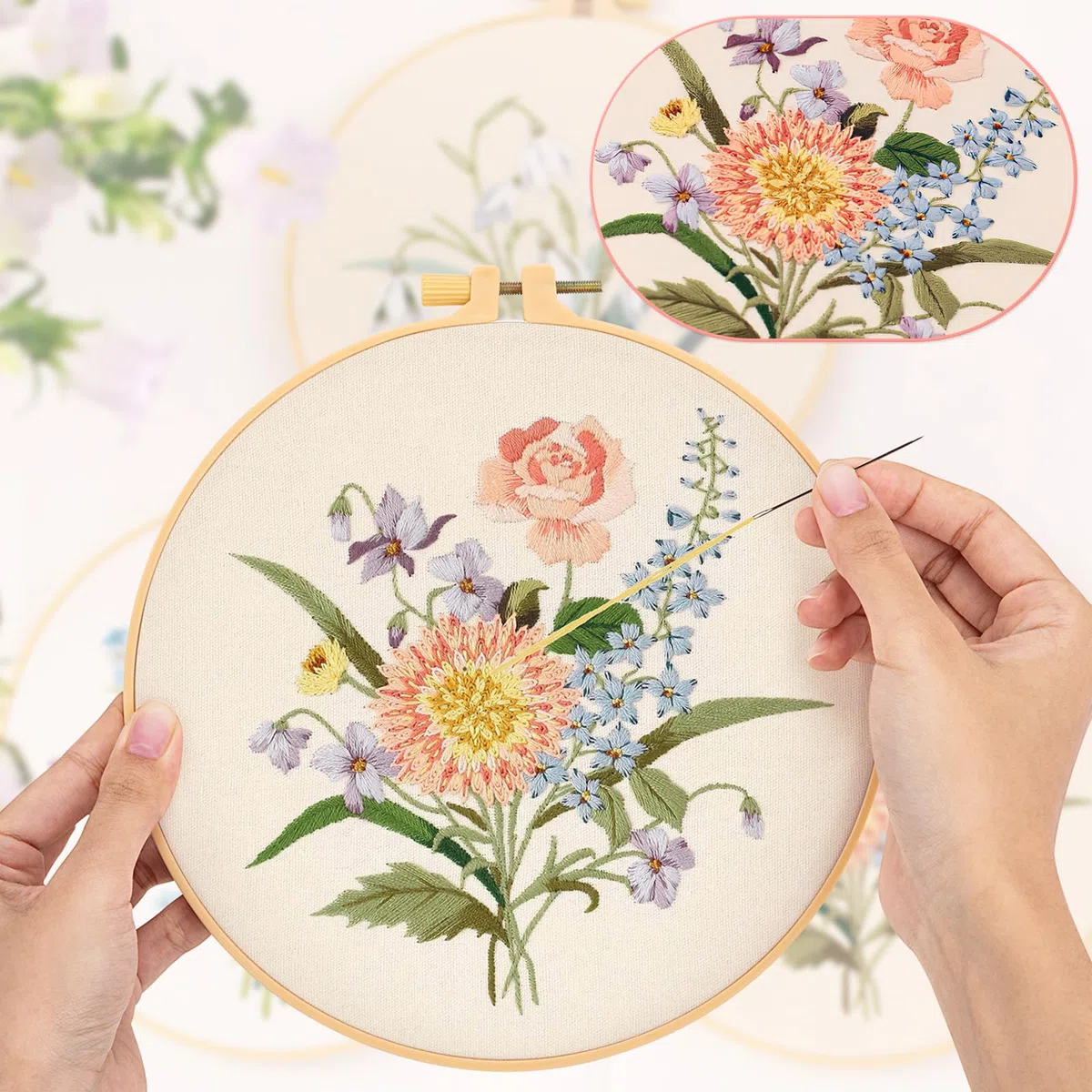 JSRQT Kit de Bordado Floral de 3 Juegos para Adultos Principiantes, Kit de Inicio de Punto de Cruz Estampado con Tela Preimpresa, Kit de Bordado Hecho a Mano con 3 Aros de Bordado, Aguja e Hilo