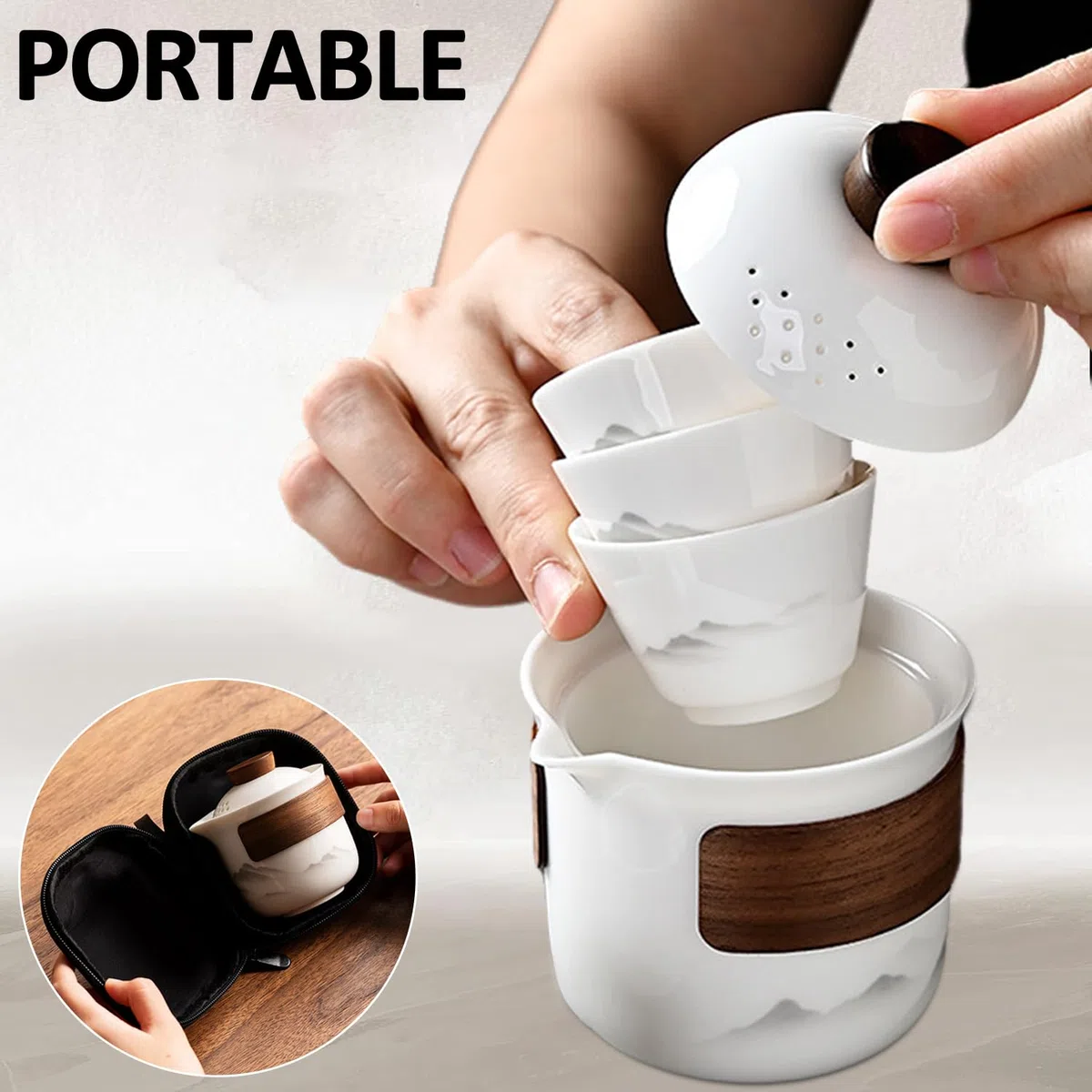 Juego de té chino Gongfu de porcelana, juego de tetera de cerámica portátil, mini bolsa de viaje portátil todo en uno para viajes, hogar, regalos, camping al aire libre, picnic y oficina, negocios