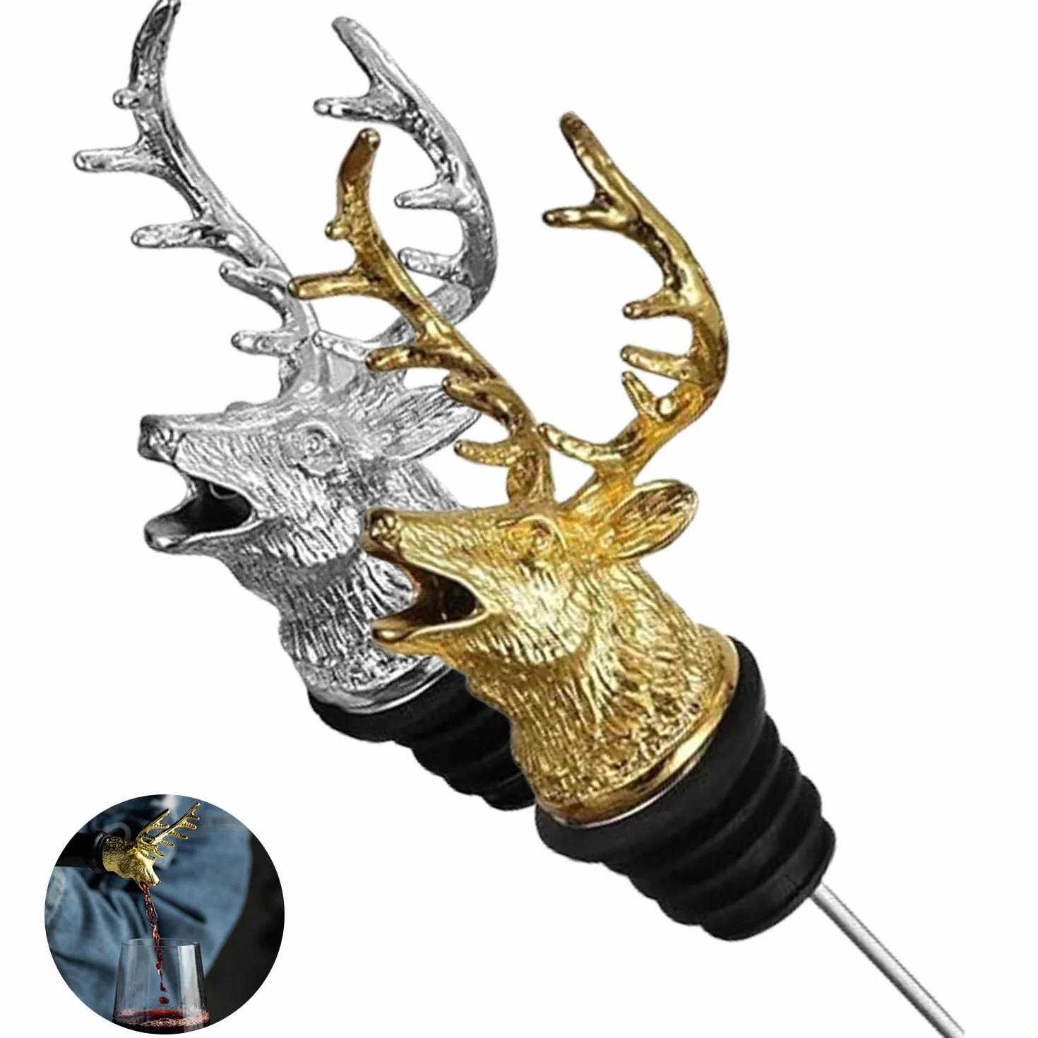 Juego de 2 Vertedores de Alcohol, Vertedor Botellas de Vino Ciervo Metal, Creativo Tapones Decorativos Para Botellas de Vino, Herramientas Del Vino, Pitorro Para Botella de Aceite (Oro y Plata)