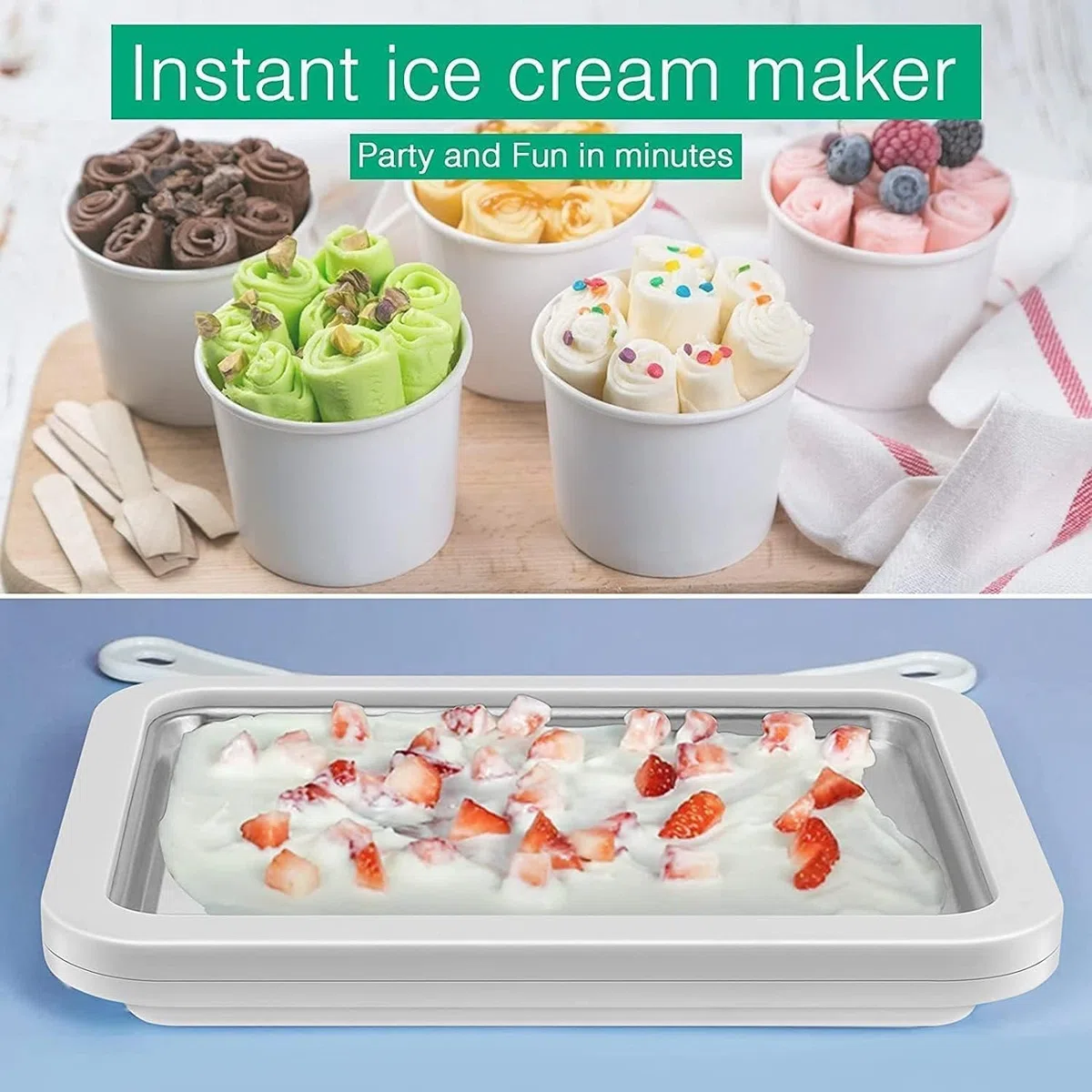 Plato para hacer rodillos de helado con 2 espátulas, placa para hacer sus propios rollos de helado, Máquina de helados, heladora para sorbete, yogur helado, gelato